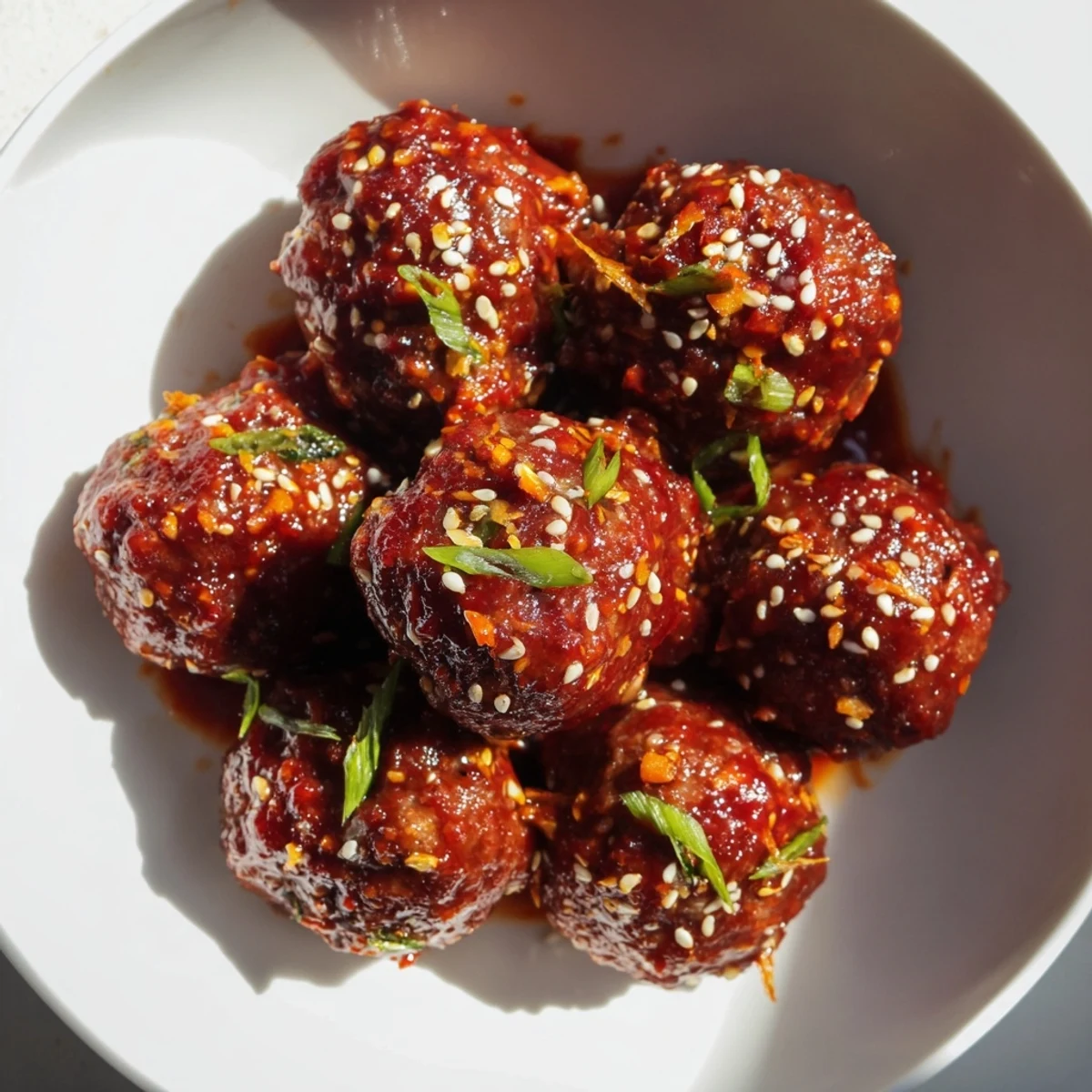 Close-up of juicy Spicy Sriracha Beef Meatballs with Sesame Seeds showing a glazed texture and garnish.
