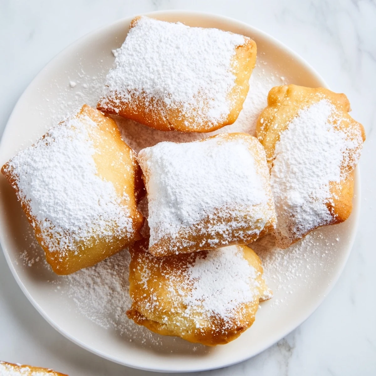 Golden-brown New Orleans Style Beignets piled high, generously dusted with sweet powdered sugar. 