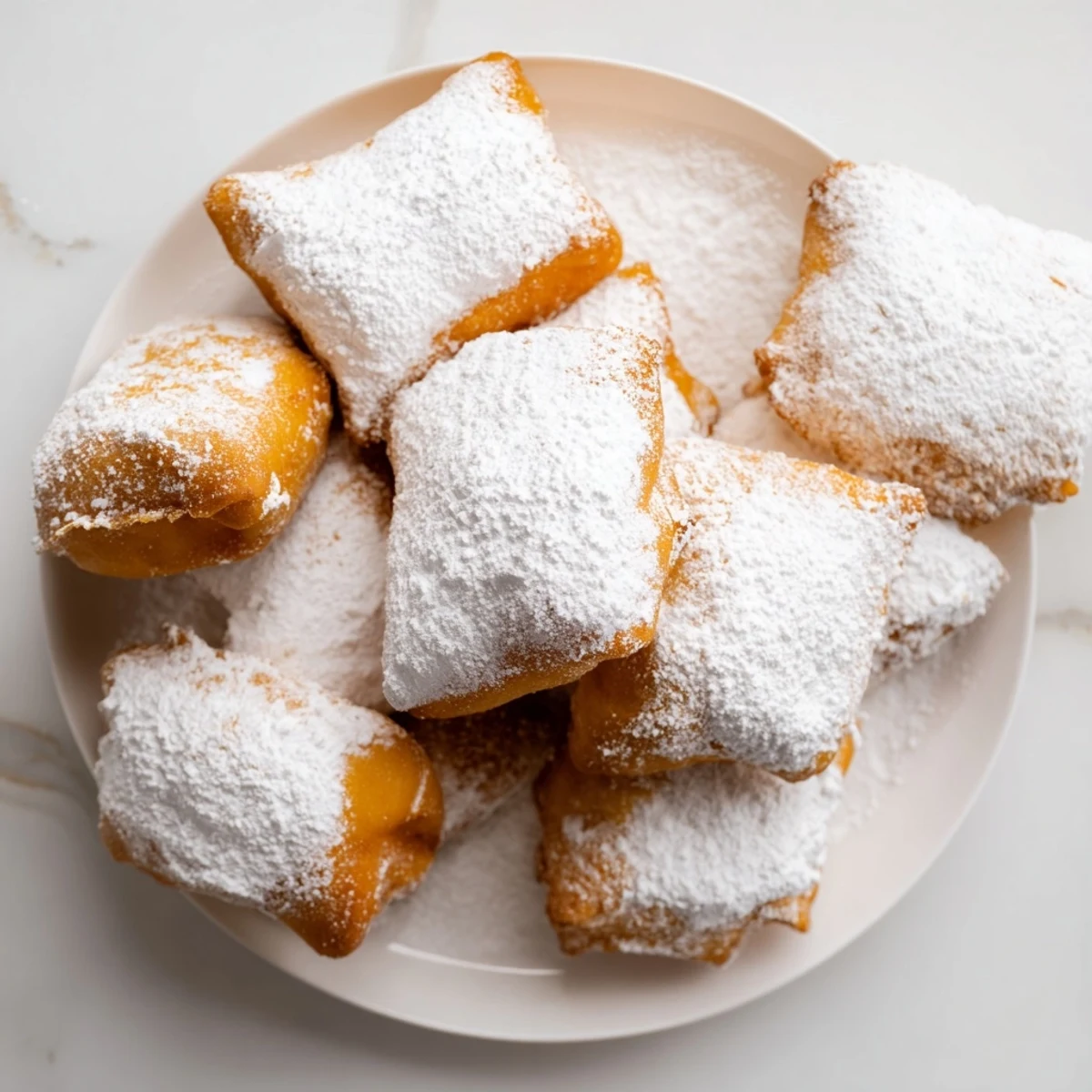 Freshly fried pillowy New Orleans Style Beignets resting on a plate with powdered sugar. 