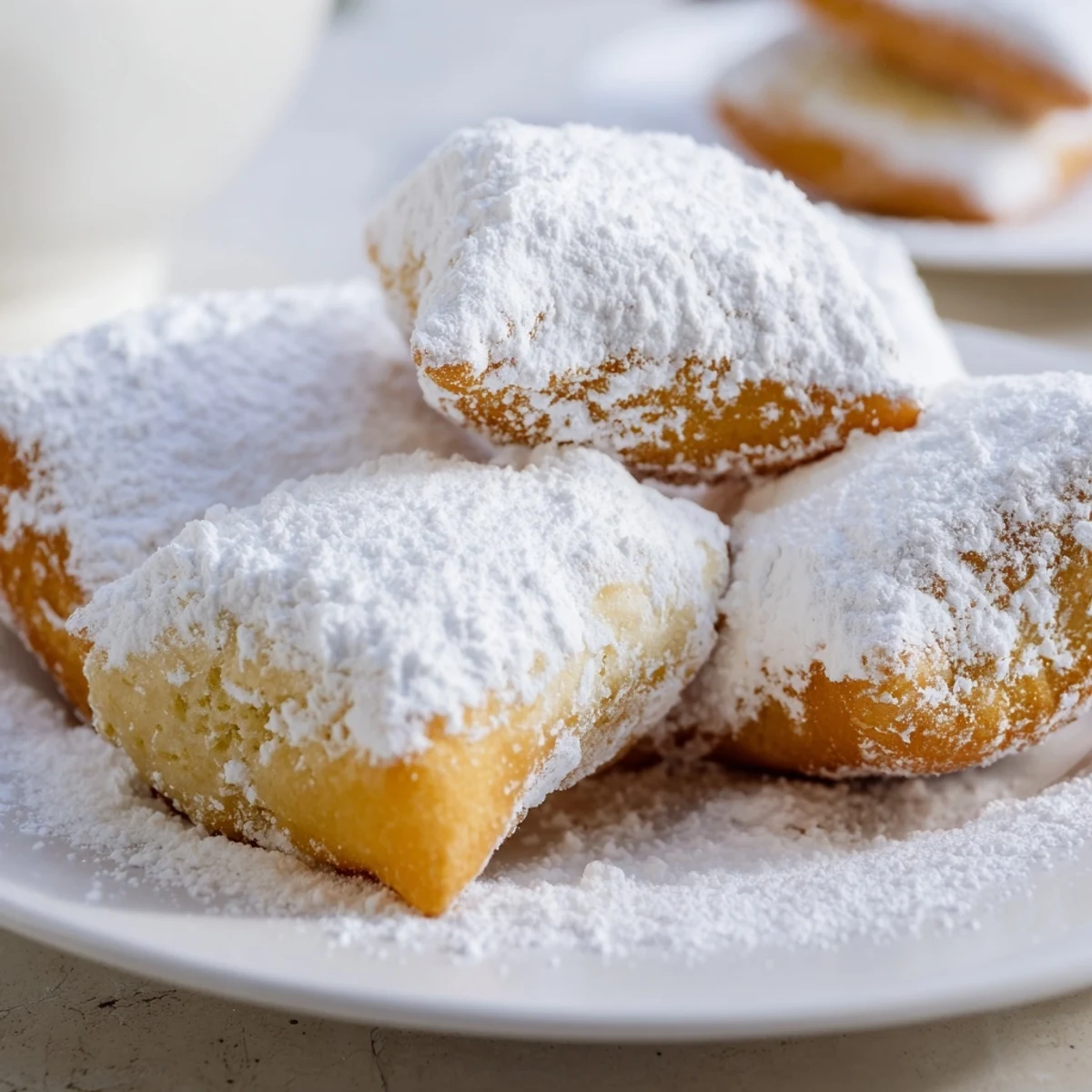 Warm square New Orleans Style Beignets with powdered sugar, ready to be enjoyed.