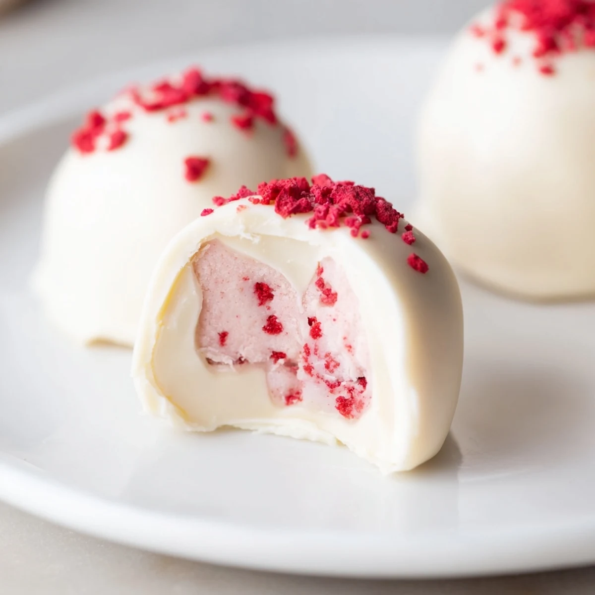 White Chocolate Raspberry Truffles rolled in crushed freeze-dried raspberries on a rustic wooden board.