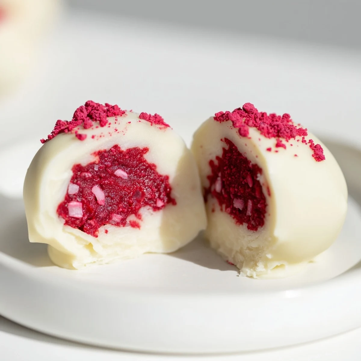 Decadent White Chocolate Raspberry Truffles served on a silver platter for an elegant dessert party.