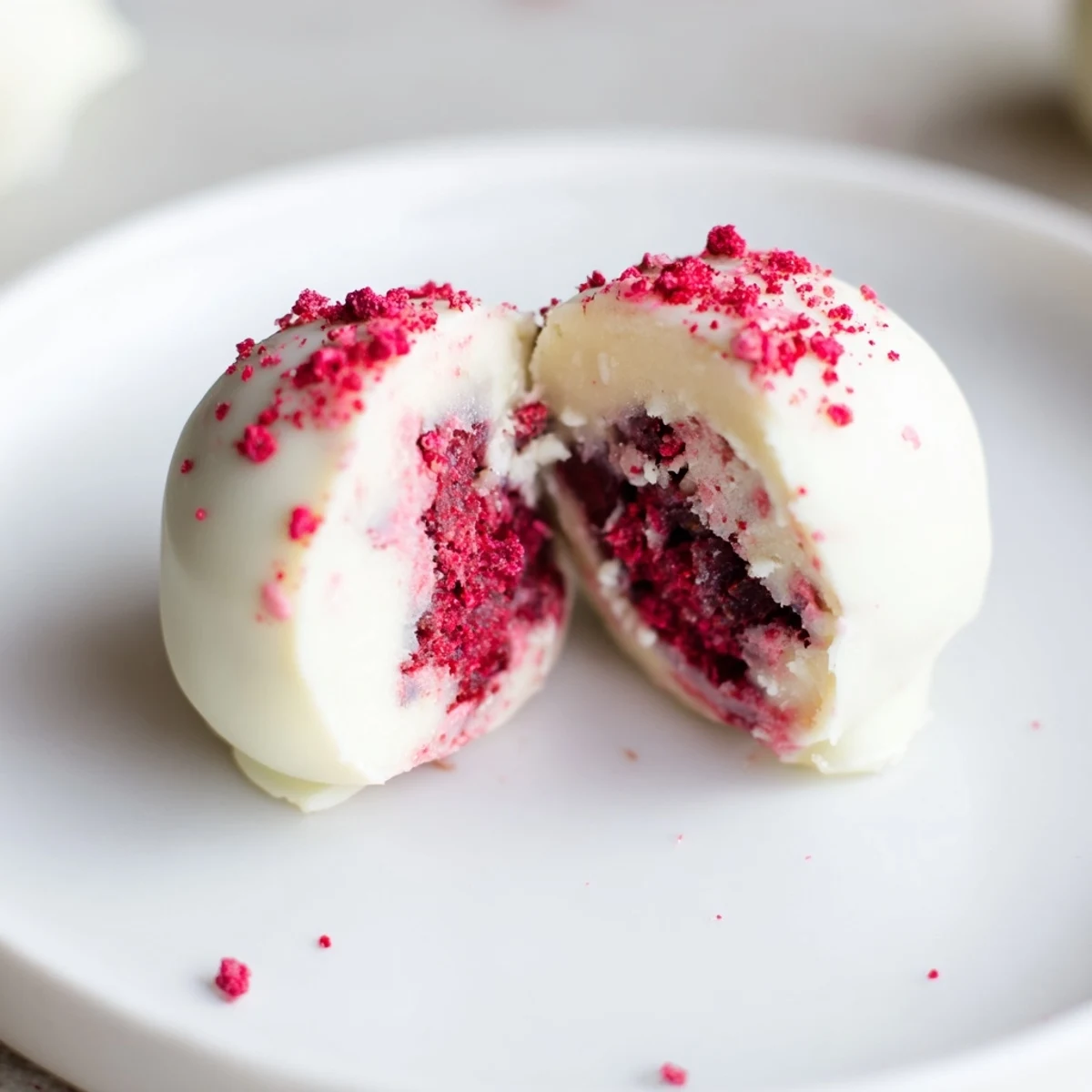 Close-up of a White Chocolate Raspberry Truffle cut in half, revealing a creamy, ruby-red filling.