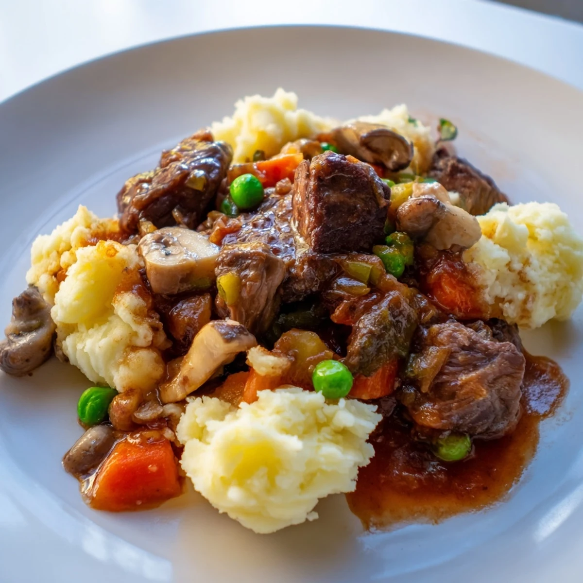 Golden-brown Shepherd’s Pie with Braised Lamb and Vegetables served in a rustic dish with fork peaks, ready to slice.