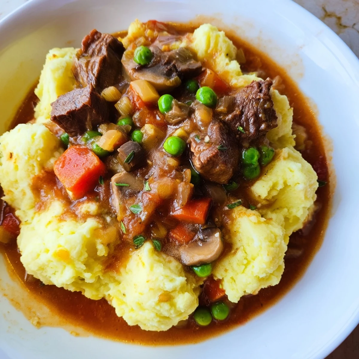 Cozy comfort food: Shepherd’s Pie with Braised Lamb and Vegetables, bubbling filling with peas and carrots under buttery mash.