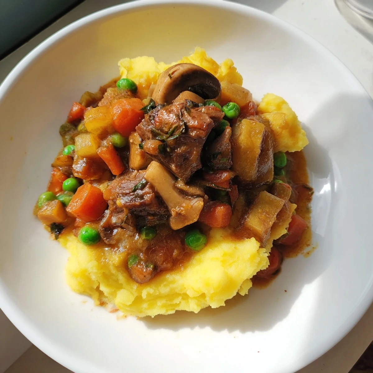 Family-style Shepherd’s Pie with Braised Lamb and Vegetables, golden potato topping with Parmesan, ideal for a hearty weeknight dinner.