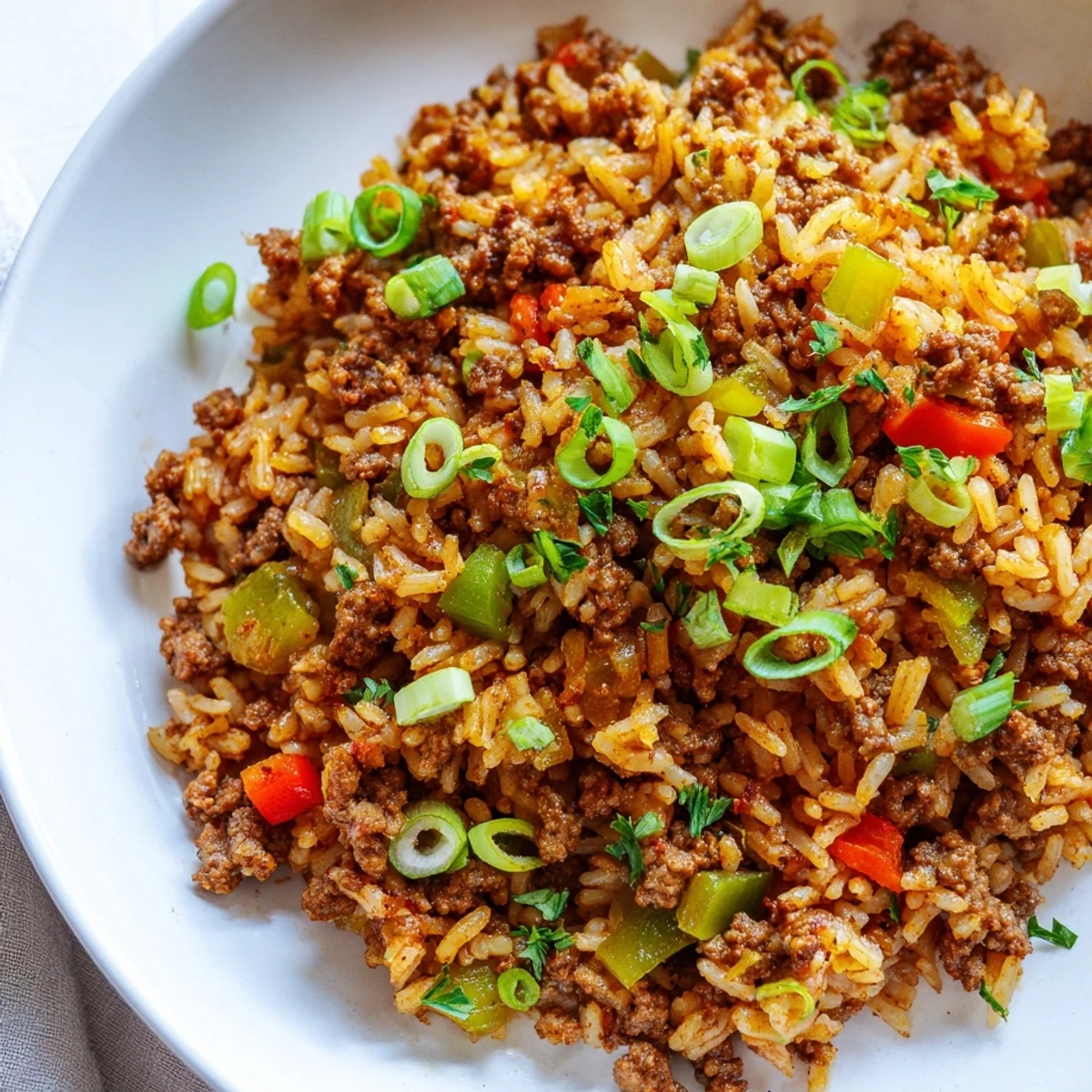 Fluffy Cajun Dirty Rice with Ground Beef and Peppers served in a rustic skillet, ready to enjoy.
