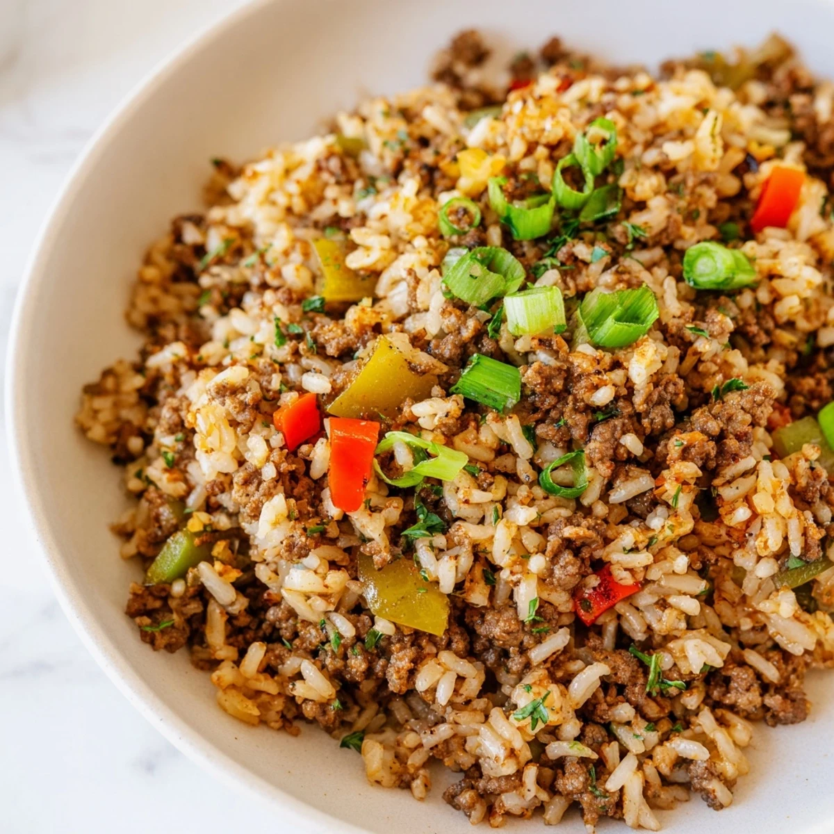 A steaming skillet of Cajun Dirty Rice with Ground Beef and Peppers garnished with fresh green onions and parsley.