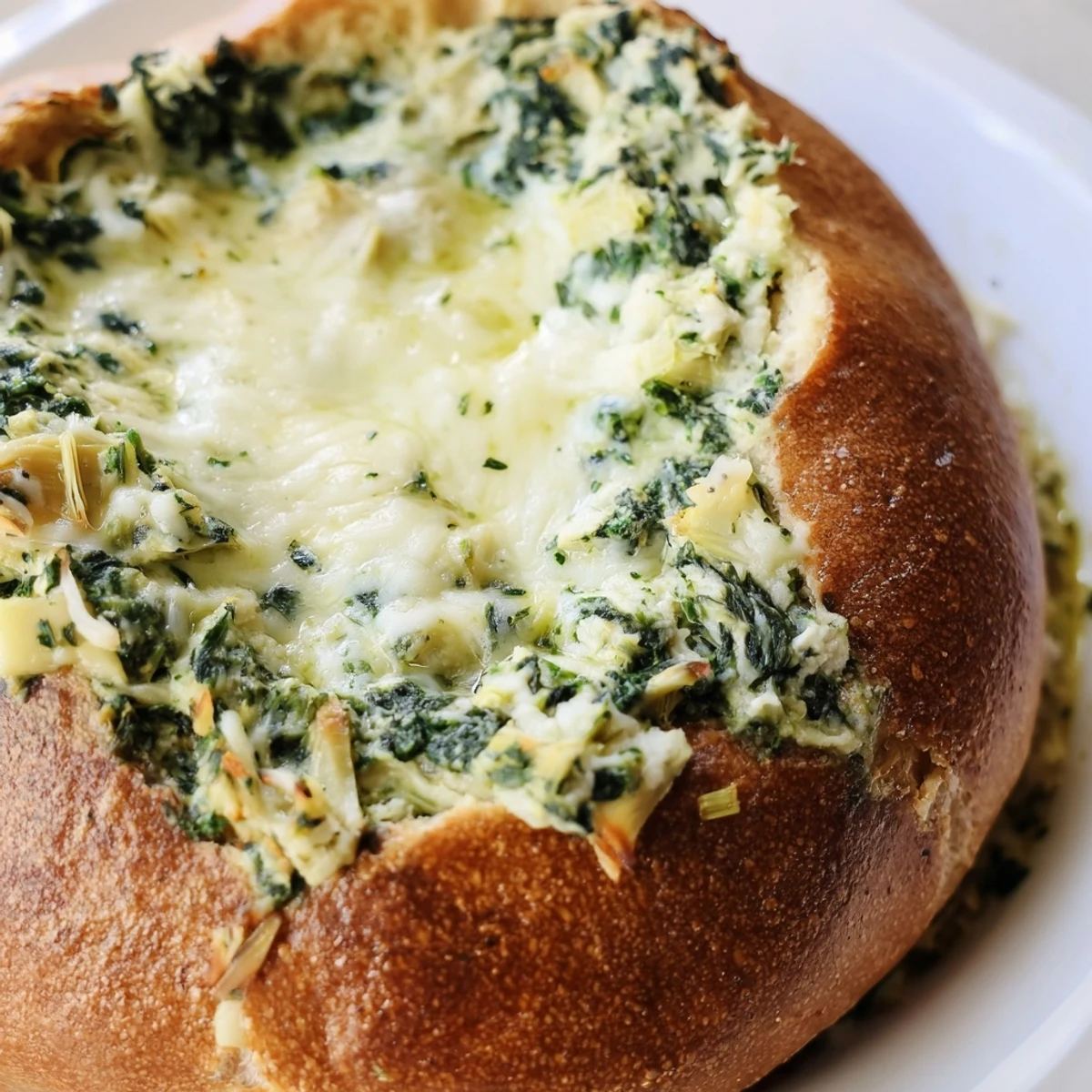 Bubbling, golden Creamy Spinach and Artichoke Dip in a crusty bread bowl, served warm for easy party dipping.  