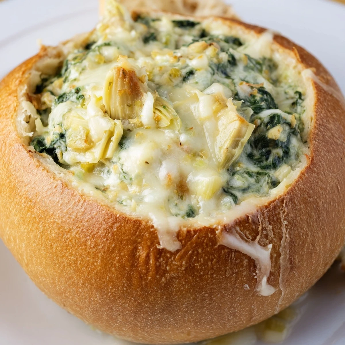 Fresh spinach, tender artichokes, and melted cheese fill this rustic Creamy Spinach and Artichoke Dip in bread bowl.  