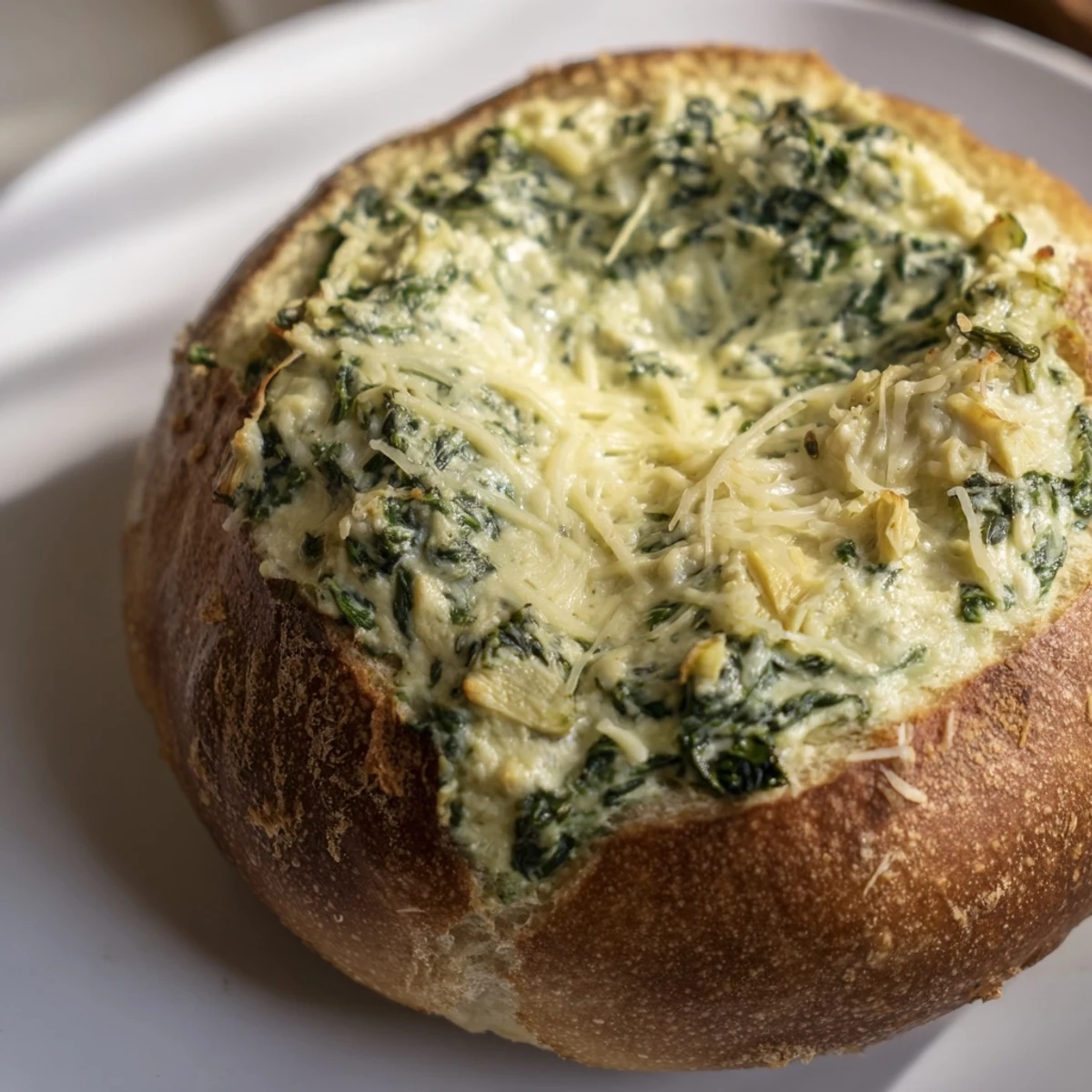 Hot, creamy, and cheesy, this Creamy Spinach and Artichoke Dip in a sourdough bread bowl is a crowd favorite.