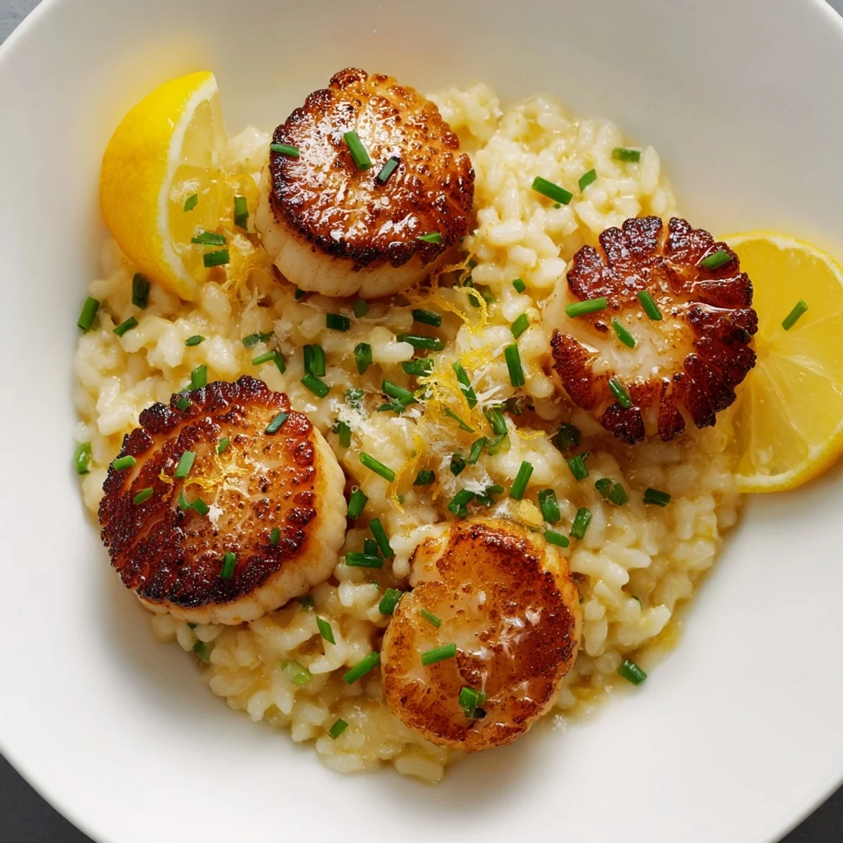Restaurant-quality pan seared scallops served atop rich lemon butter risotto, perfect for a fancy dinner.