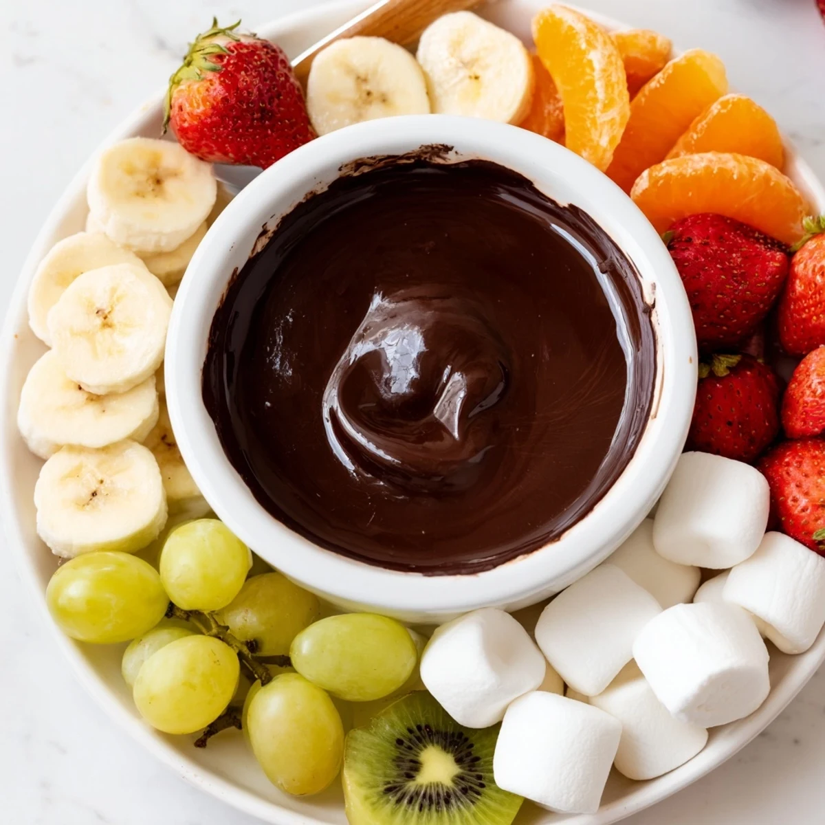 Romantic chocolate fondue with marshmallows and fruit served warm in a rustic fondue pot.  