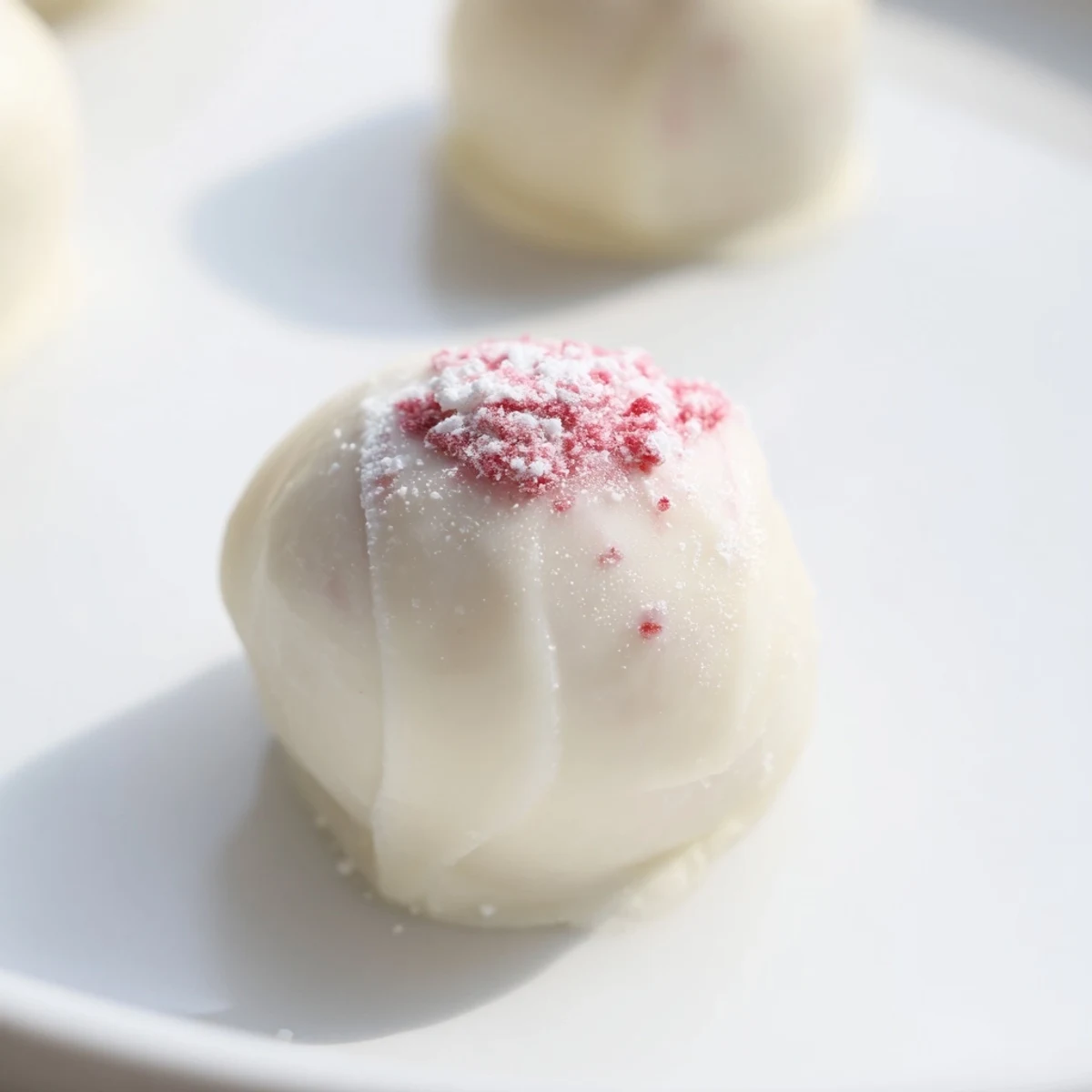 Decadent White Chocolate Raspberry Truffles coated in smooth chocolate, garnished with powdered sugar, perfect for elegant dessert platters.
