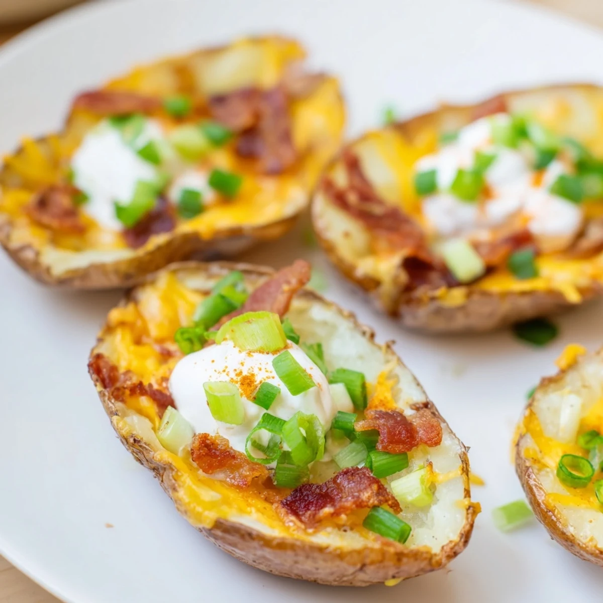 Golden Loaded Potato Skins with Cheddar and Beef Bacon, topped with sour cream and chives, are a delicious game day appetizer.  