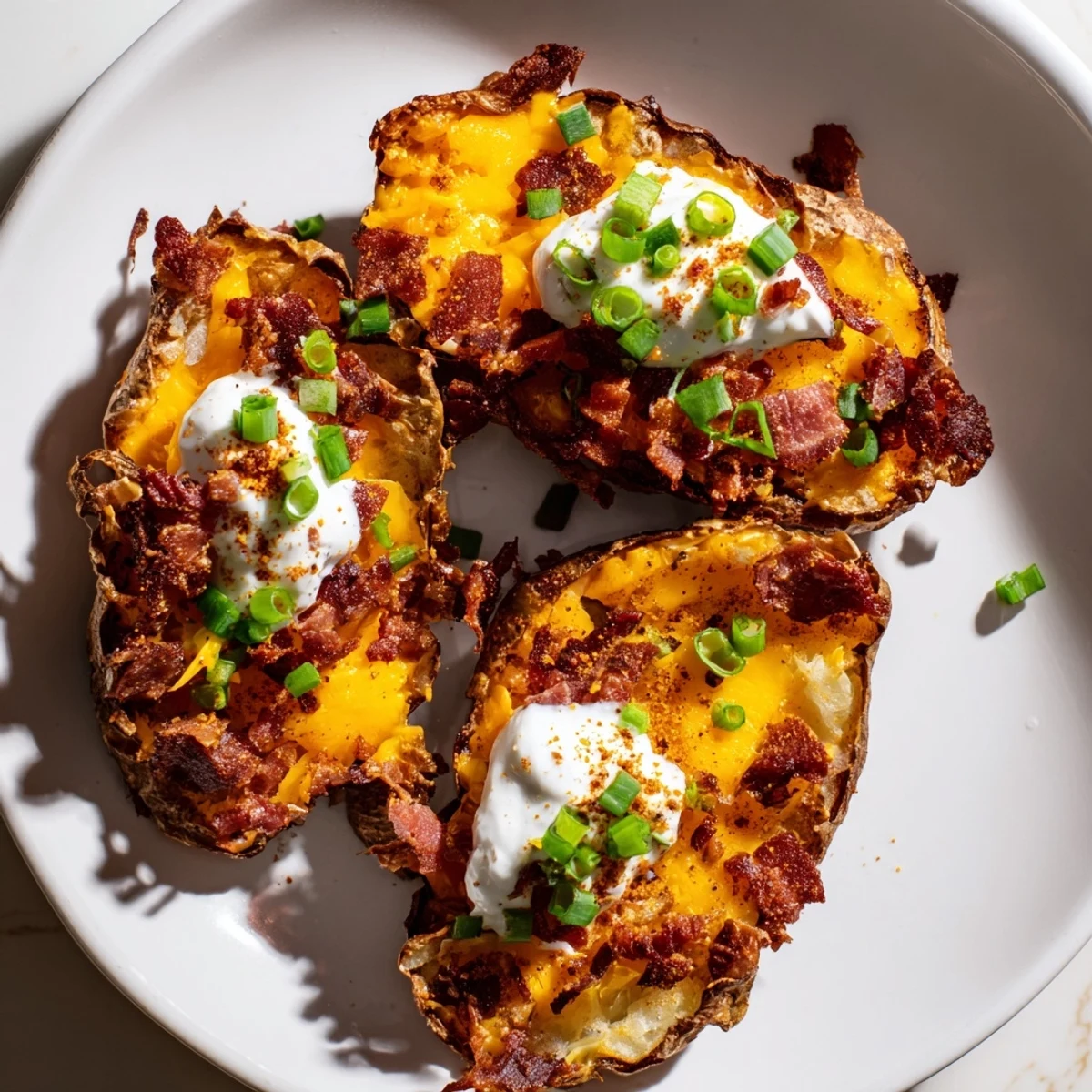 Hearty Loaded Potato Skins with Cheddar and Beef Bacon feature crispy edges, melted cheese, and savory beef bacon crumbles.  