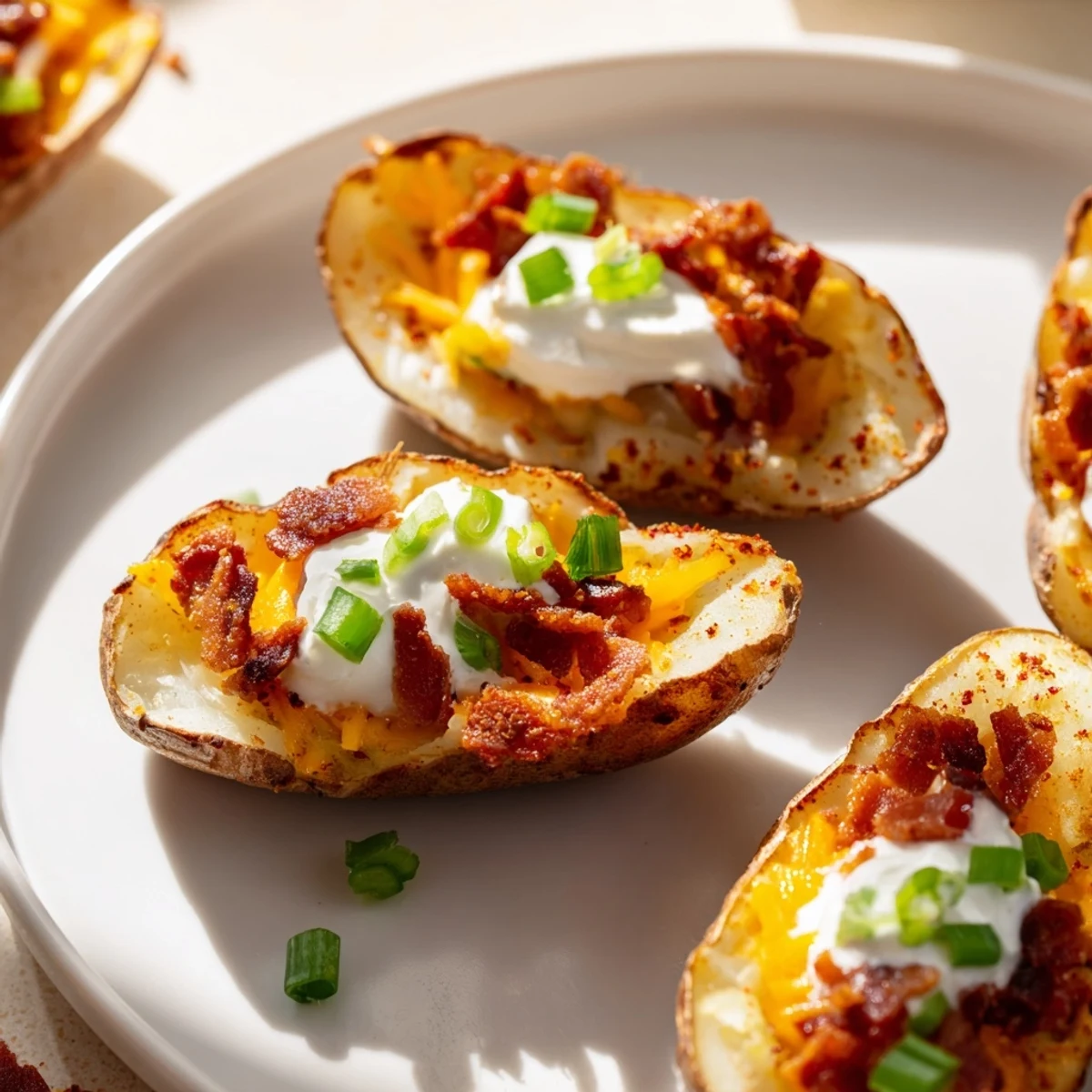 Sizzling Loaded Potato Skins with Cheddar and Beef Bacon are served hot with a dollop of sour cream and fresh herbs.