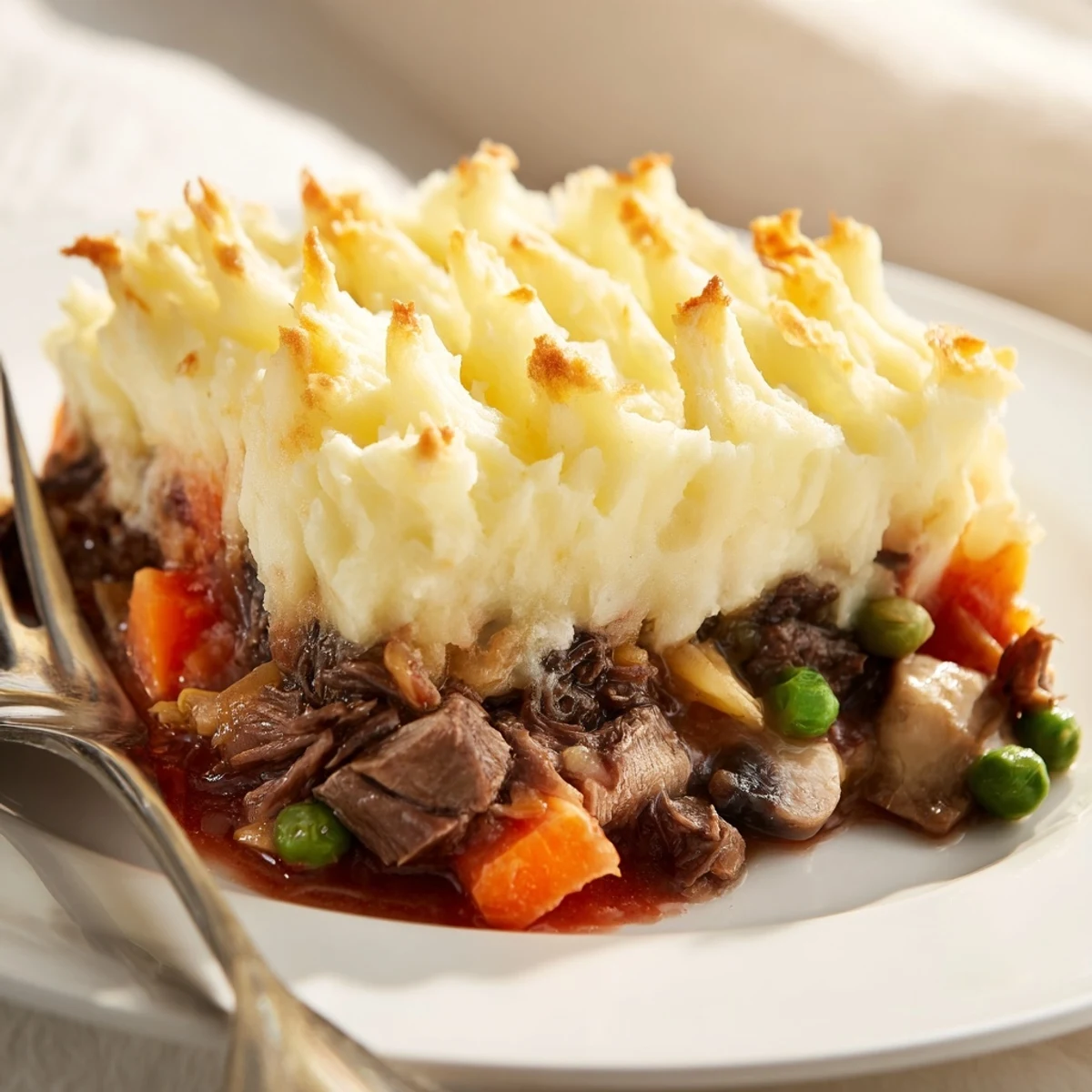 A close-up of hearty Shepherd’s Pie, revealing tender braised lamb and vegetables beneath fluffy potato peaks.  