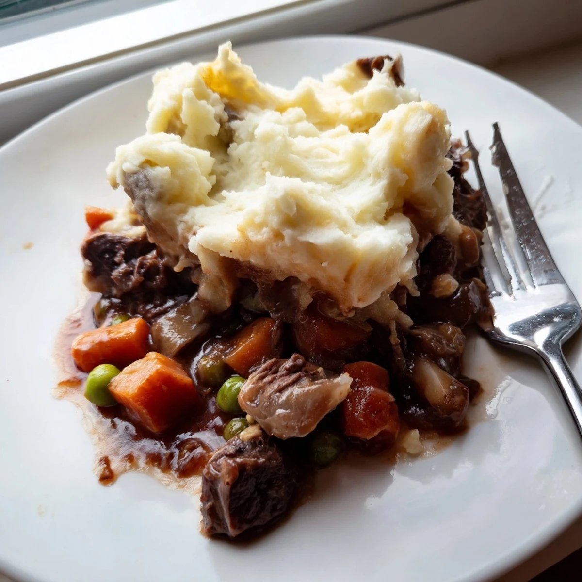 Sizzling Shepherd’s Pie straight from the oven, its savory filling peeking through crispy baked potato topping.