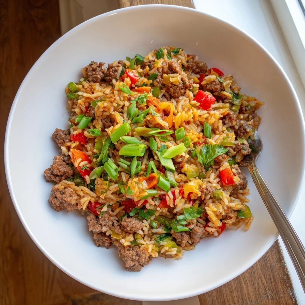 Hearty Cajun Dirty Rice with Ground Beef and Peppers served alongside crisp green salad and iced tea.  