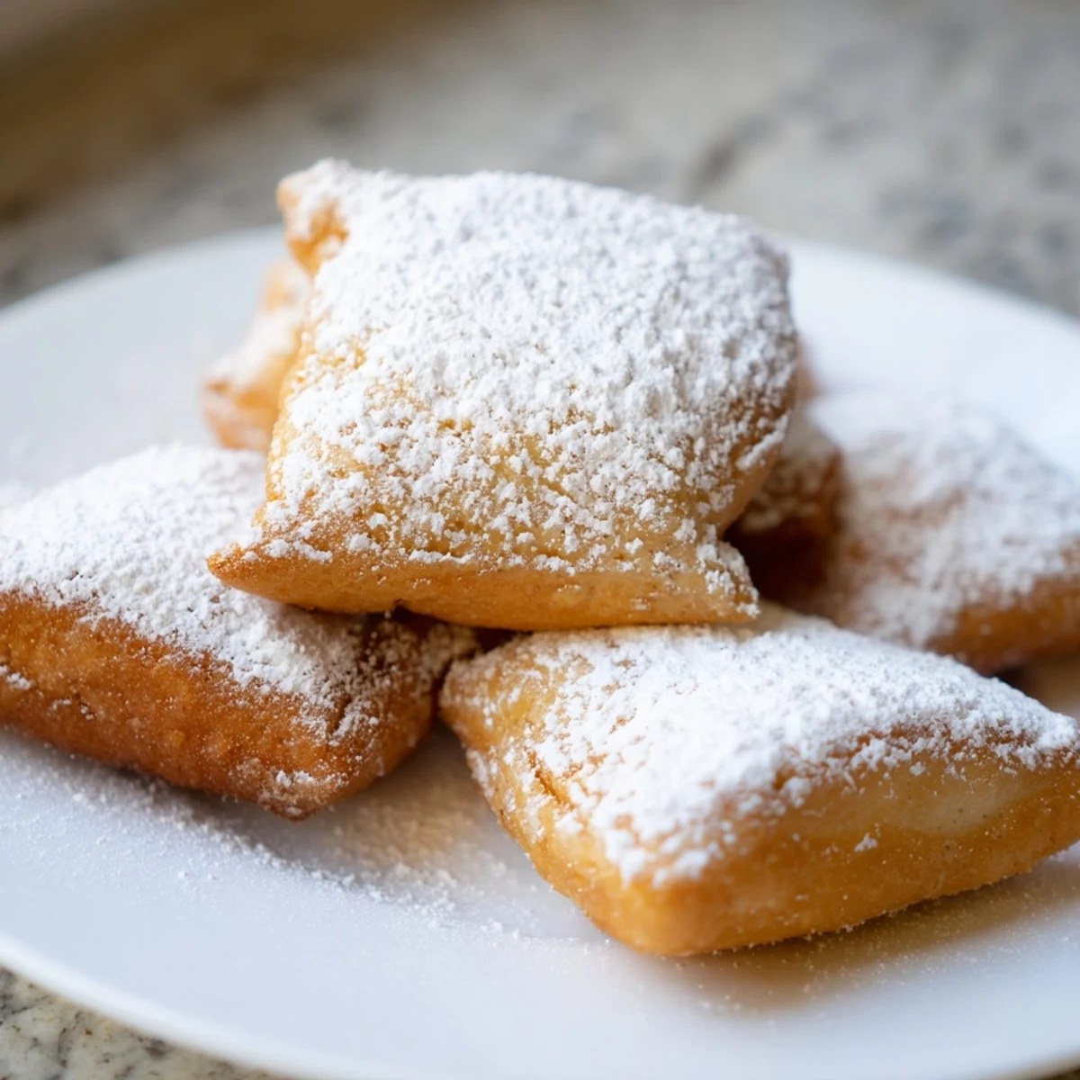 Golden, sugar-dusted New Orleans Style Beignets in a basket, some stacked.
