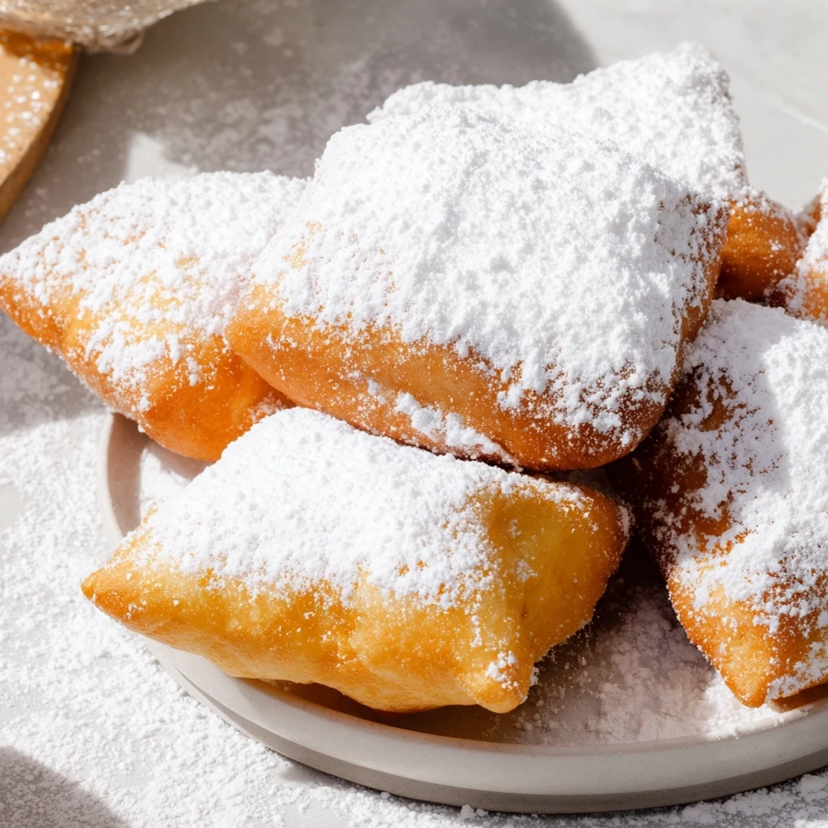 New Orleans Style Beignets piled high, ready to be dipped in coffee.