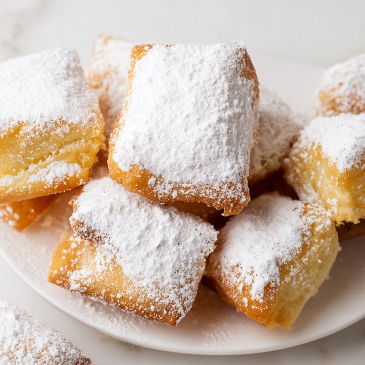 Freshly fried New Orleans Style Beignets on a plate, powdered sugar everywhere.