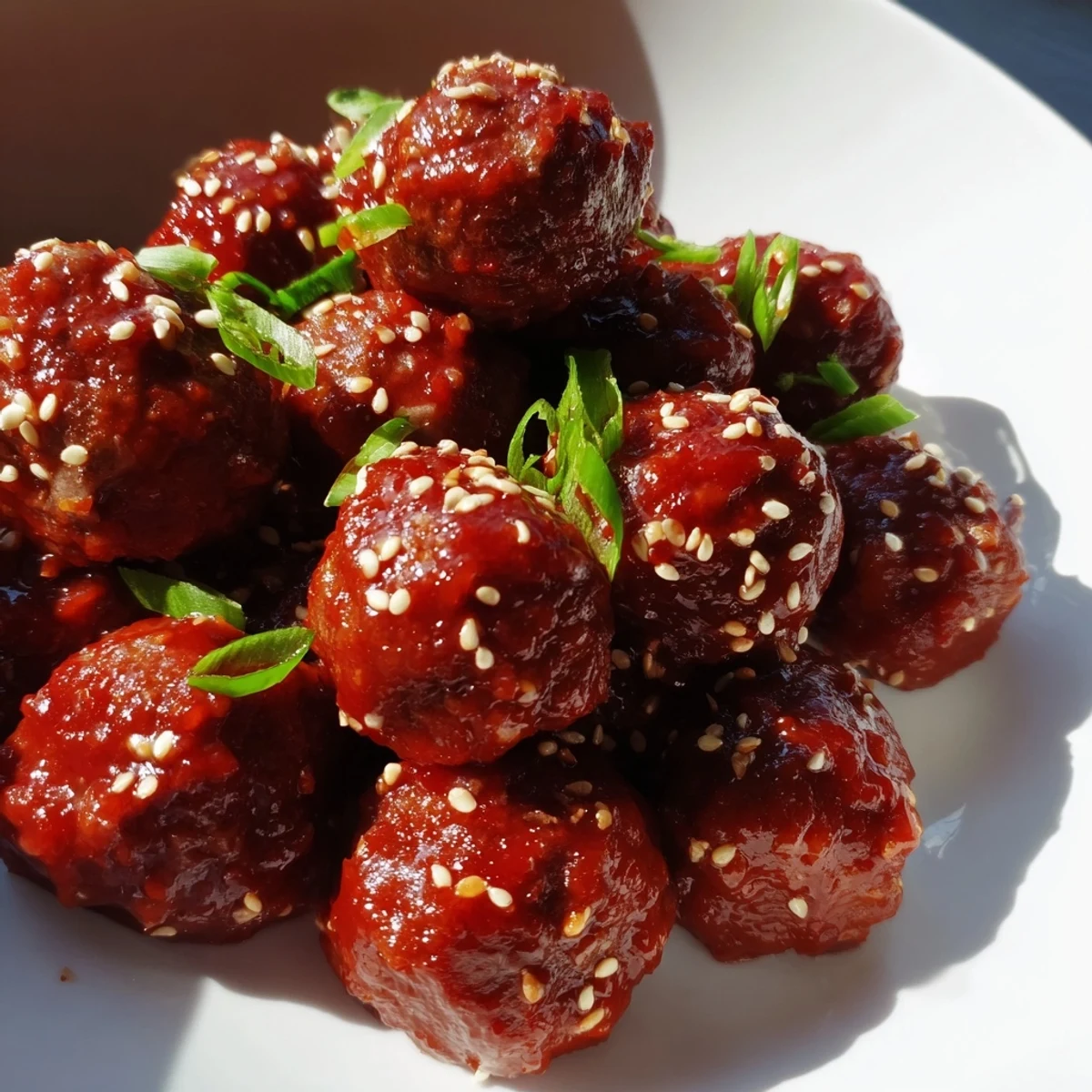 Golden-brown Spicy Sriracha Beef Meatballs with Sesame Seeds resting on a baking sheet, garnished with fresh scallions.