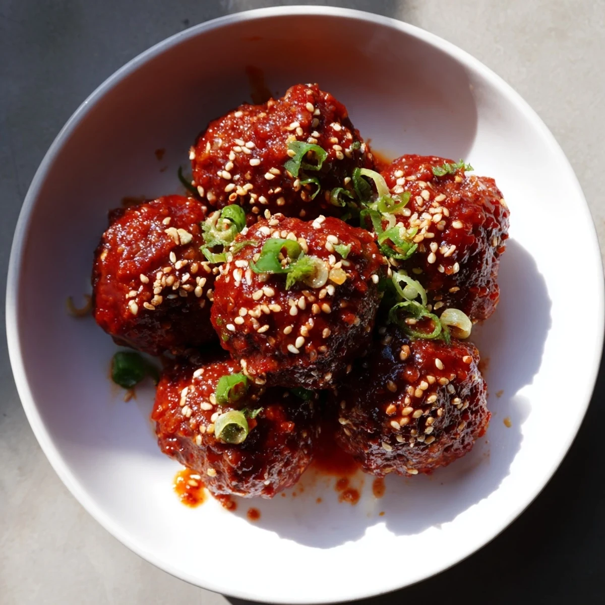 Glossy glazed Spicy Sriracha Beef Meatballs with Sesame Seeds ready to serve alongside a bowl of steamed rice.