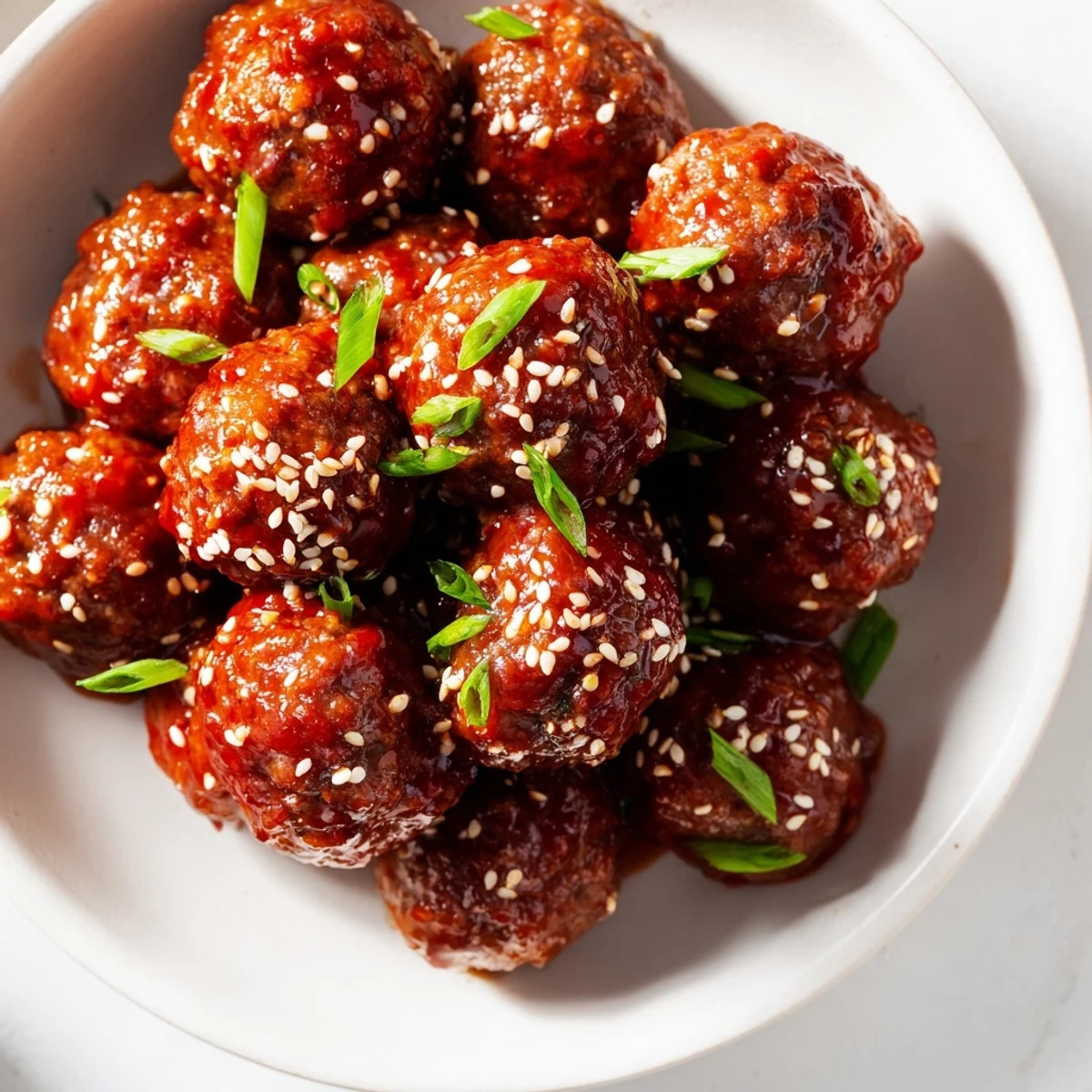 Sizzling Spicy Sriracha Beef Meatballs with Sesame Seeds tossed in a sticky glaze, perfect for a quick dinner.