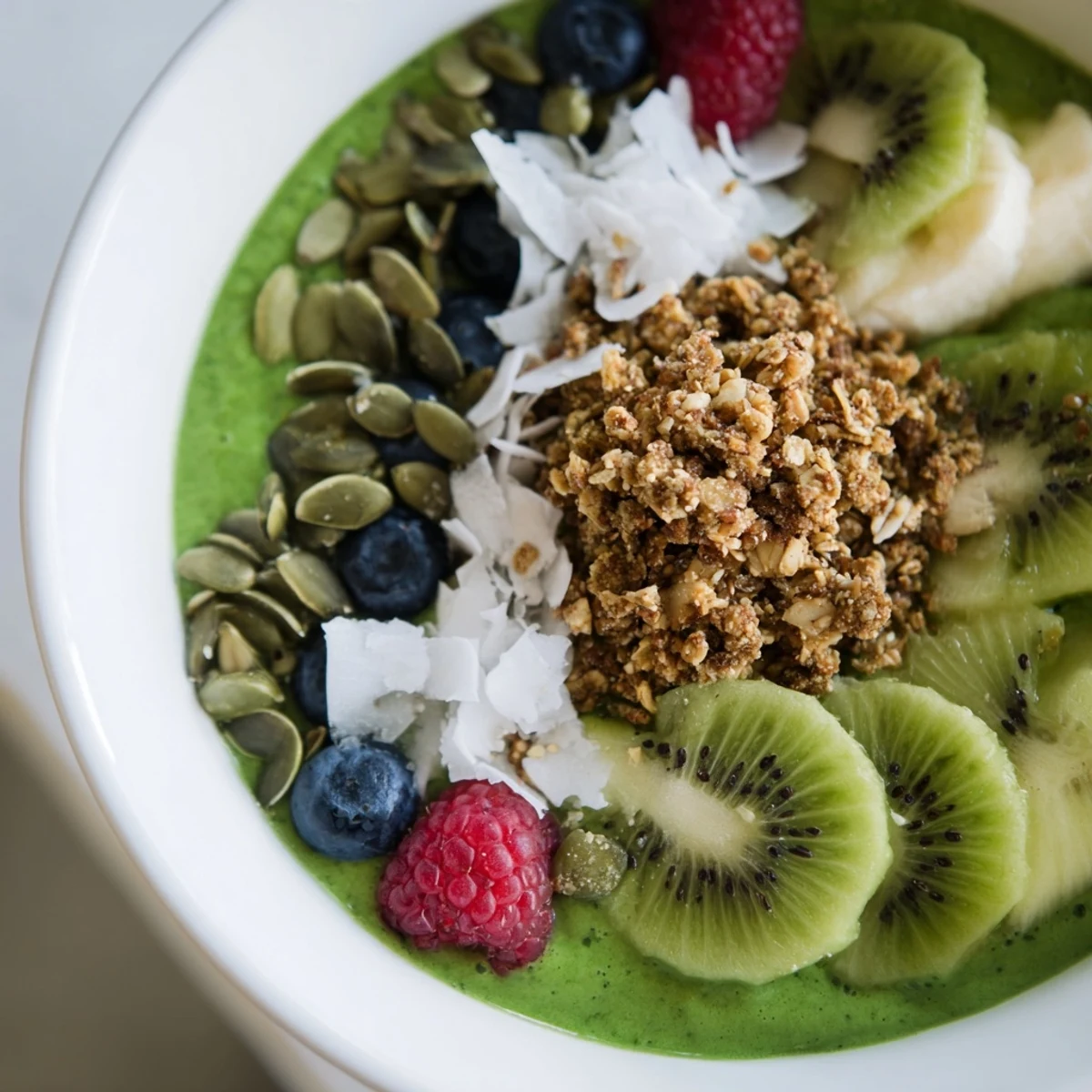 The vibrant Shamrock Green Smoothie Bowl in a white bowl is topped with fresh kiwi, berries, and crunchy granola.