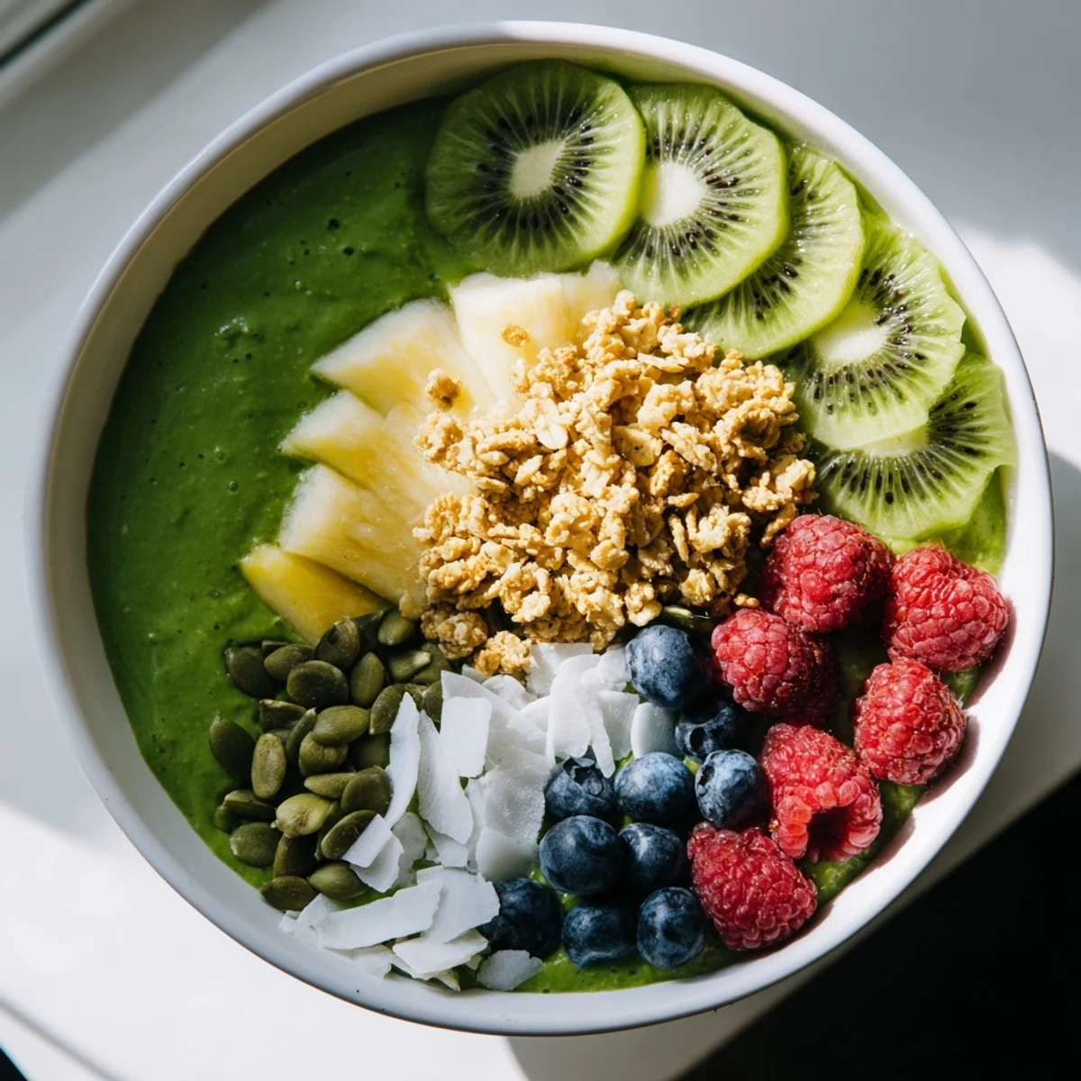 Healthy Shamrock Green Smoothie Bowl garnished with coconut flakes and pumpkin seeds, offering a creamy, thick texture.