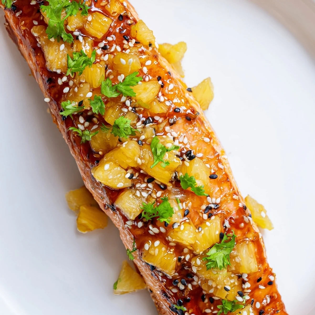 Juicy baked Pineapple Glazed Salmon Fillets, brushed with a sticky, caramelized glaze and topped with fresh diced pineapple.  