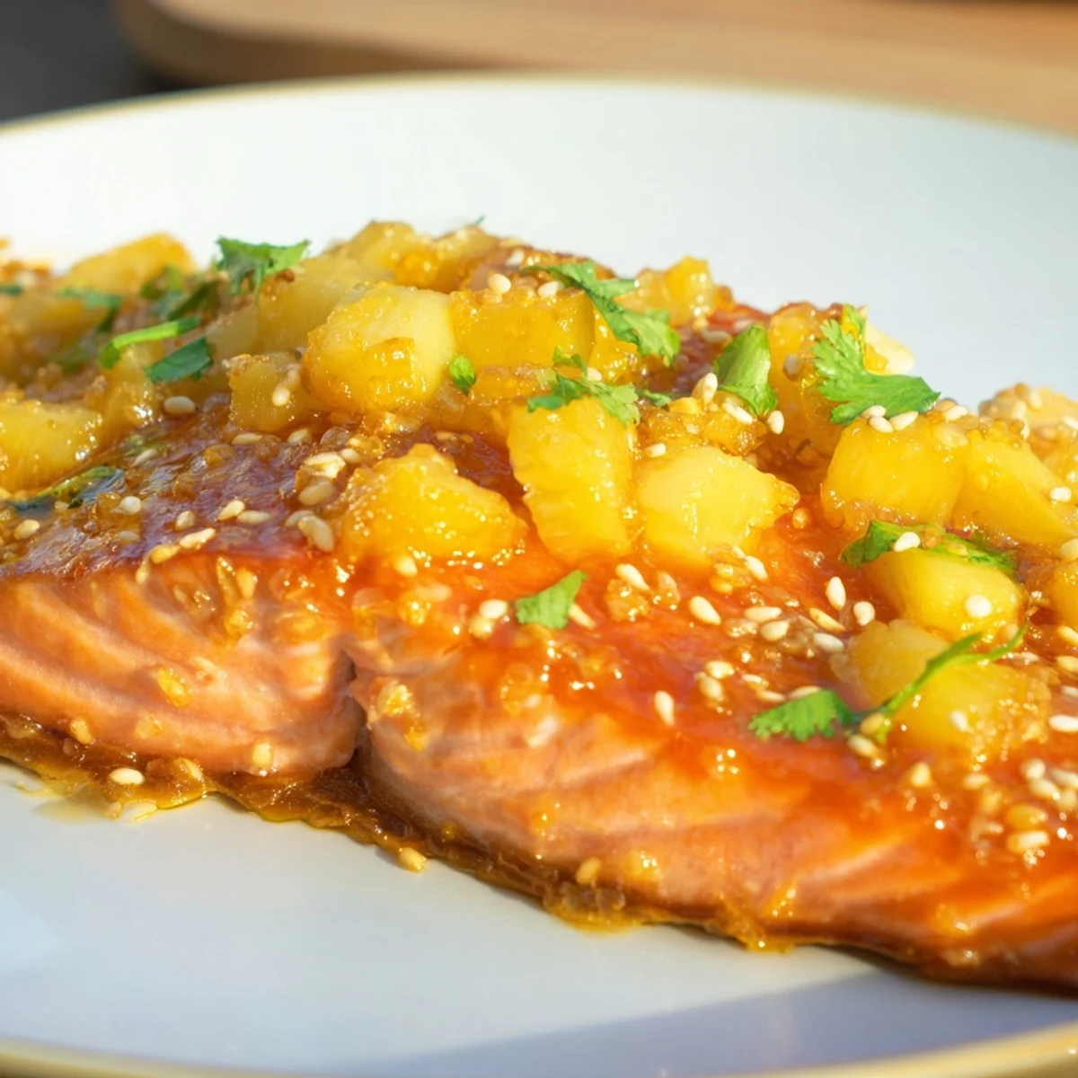 Golden-brown Pineapple Glazed Salmon Fillets fresh from the oven, garnished with green onions and sesame seeds on a dark plate.  