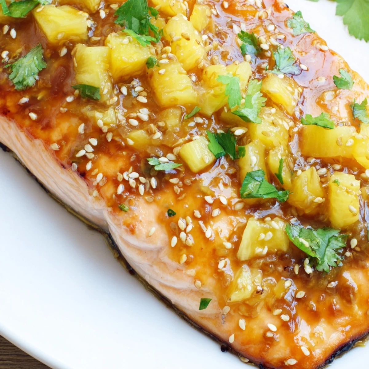 Tender Pineapple Glazed Salmon Fillets served over steamed rice with vibrant pineapple chunks and fresh cilantro for a tropical meal.