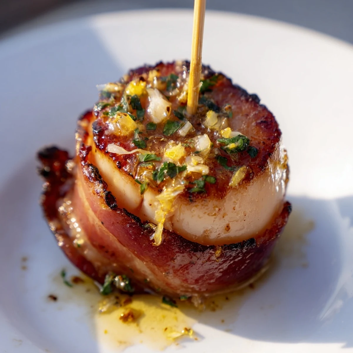 Golden-brown beef bacon wrapped scallops glistening with zesty lemon butter sauce, baked to smoky perfection on a wire rack.  