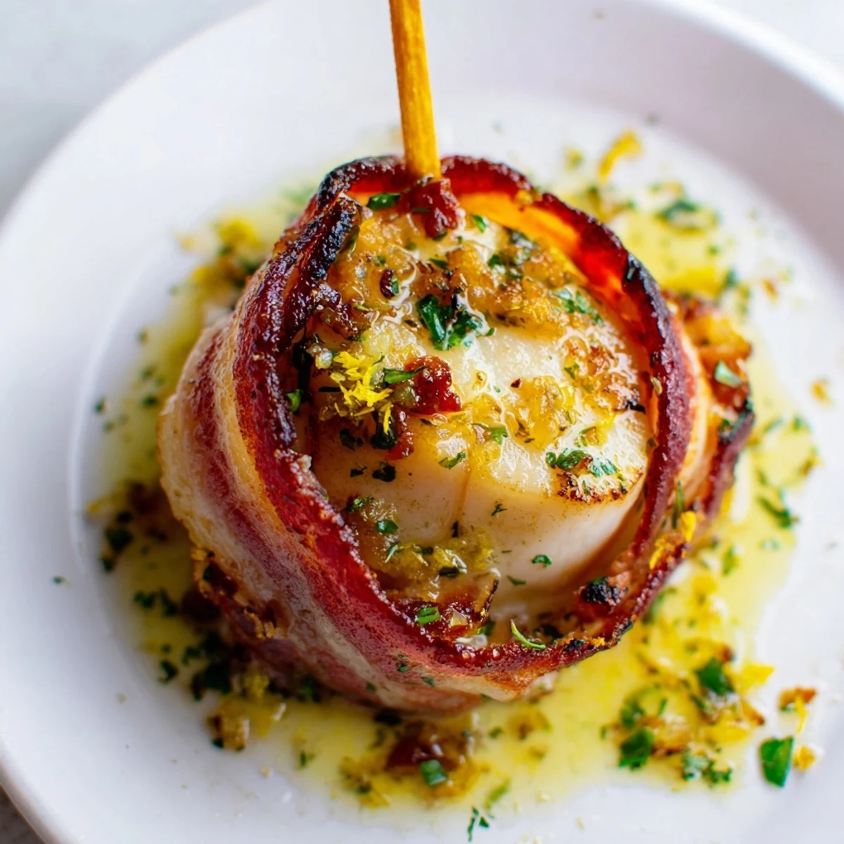 Elegant appetizer of oven-roasted beef bacon scallops, served warm with a bright citrus butter glaze.