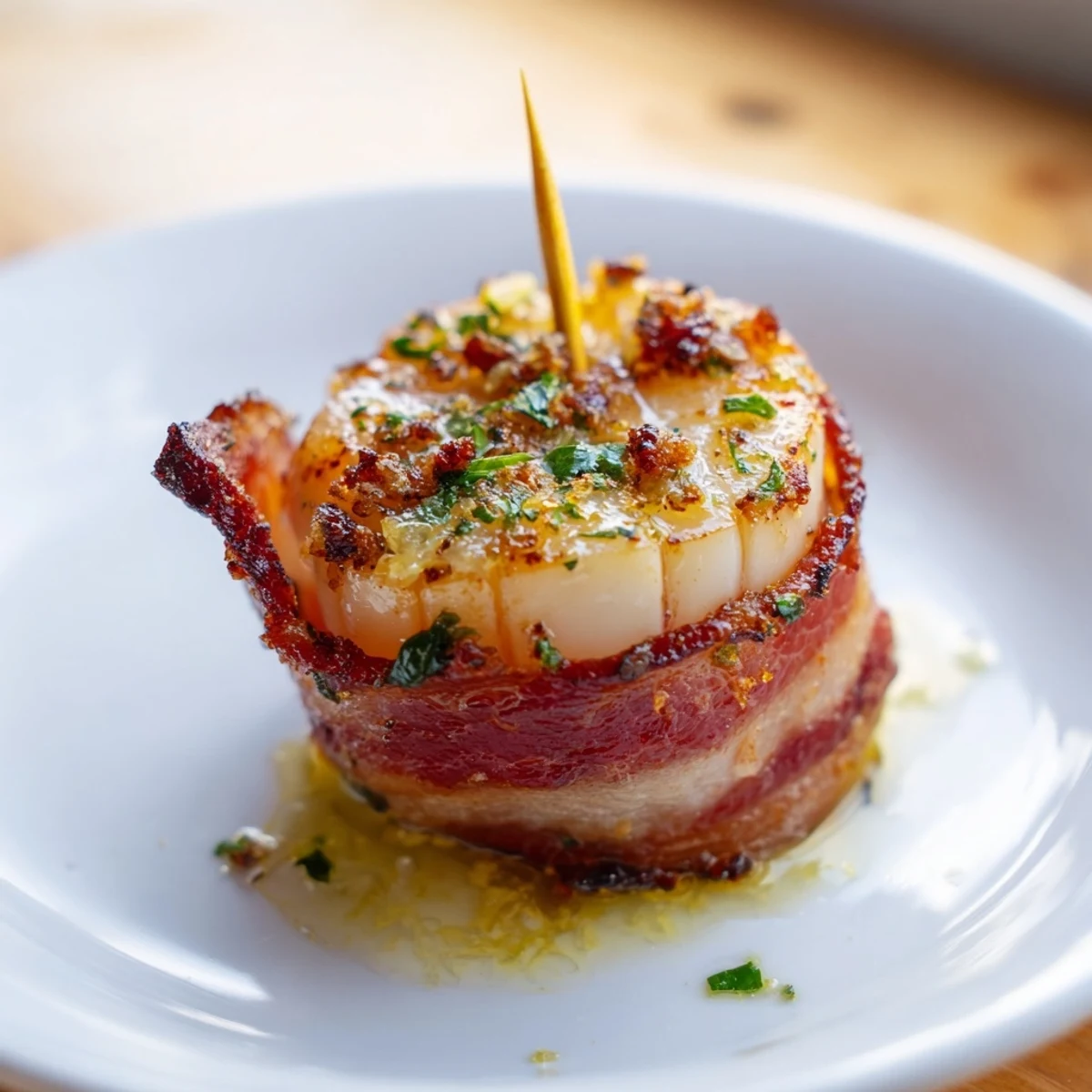 Tender sea scallops encased in crisp beef bacon, finished with fresh parsley and vibrant lemon butter drizzle.  
