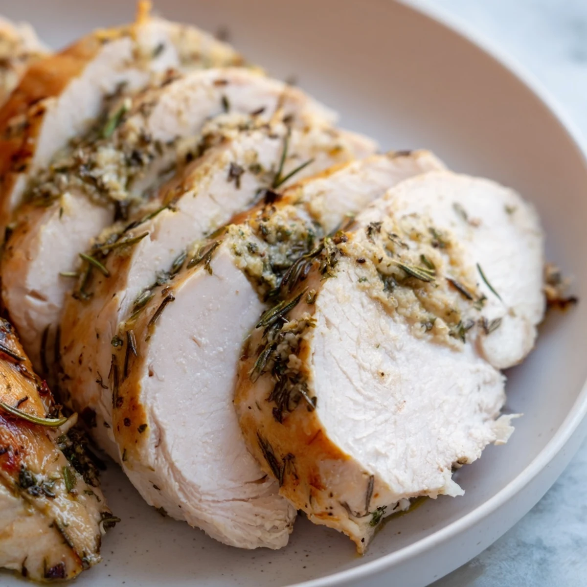 Juicy herb roasted turkey breast, golden with a buttery crust, served with lemon and fresh parsley garnish for a festive American dinner.