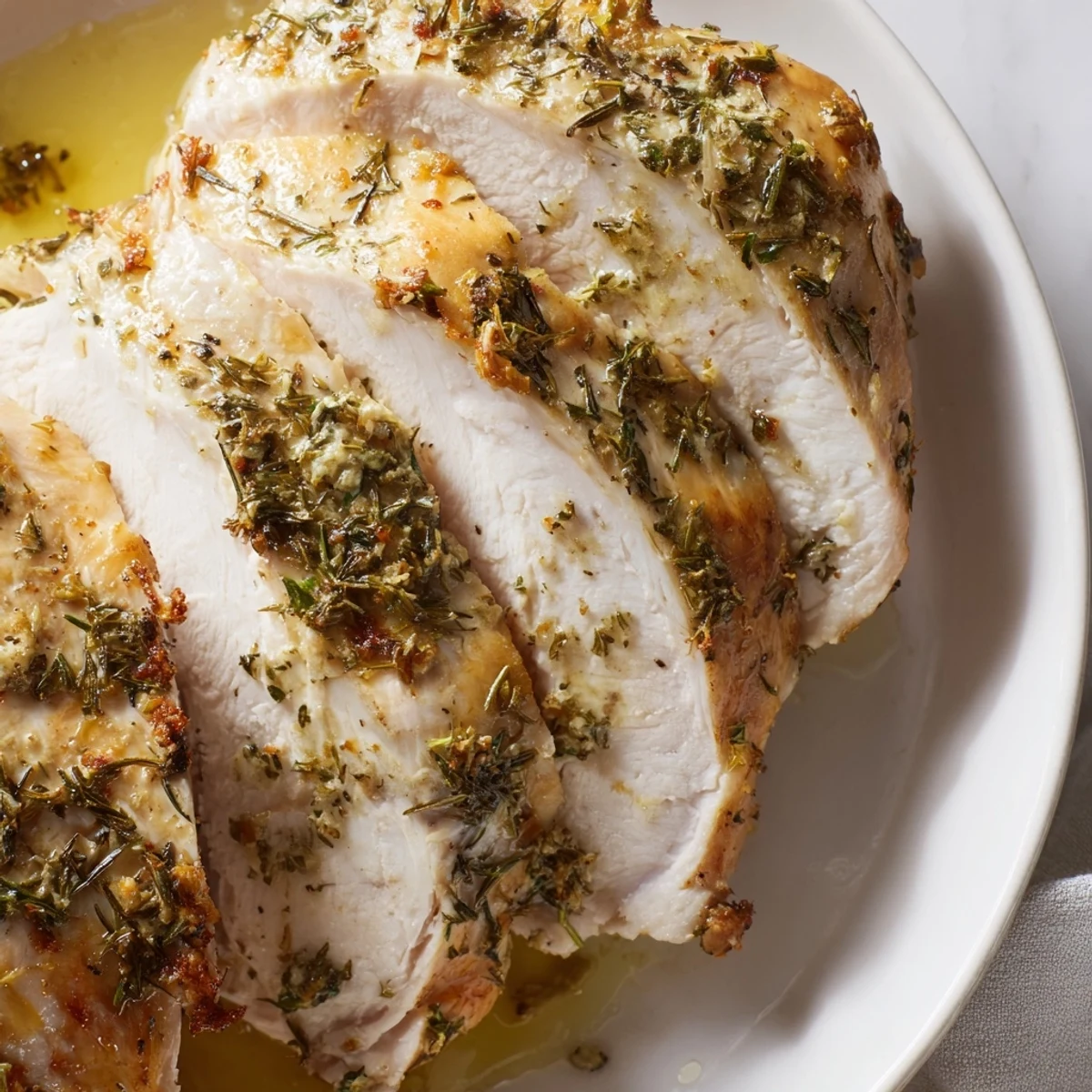 A close-up of herb roasted turkey breast, the skin crisped with rosemary and thyme, sliced to show tender, juicy meat inside.