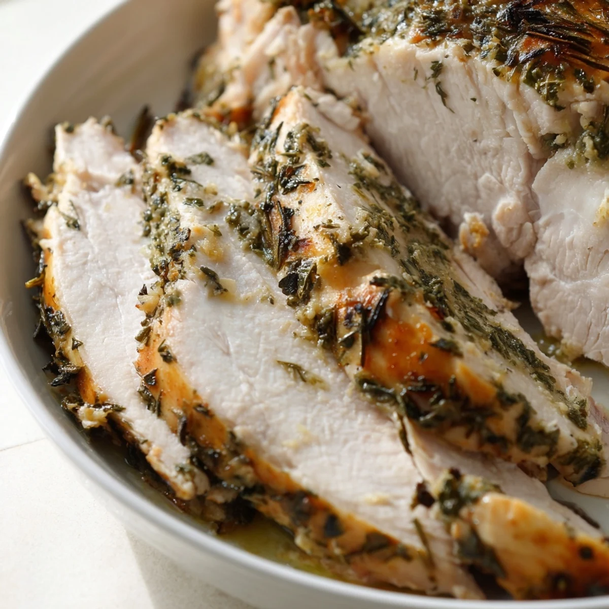 Perfectly roasted turkey breast with herb butter, resting beside lemon slices and fresh thyme sprigs before serving for a family meal.