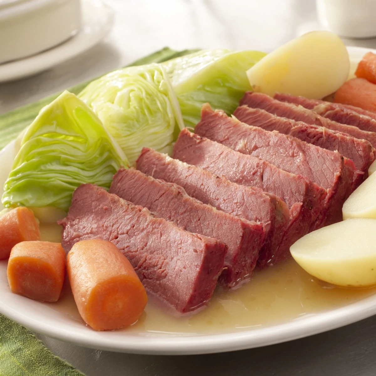 Corned beef brisket with cabbage and potatoes rests on a platter, steam rising from tender, glazed vegetables.