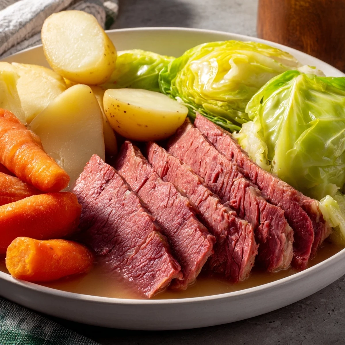 A close-up of sliced corned beef brisket with cabbage and potatoes, garnished with fresh parsley and mustard.