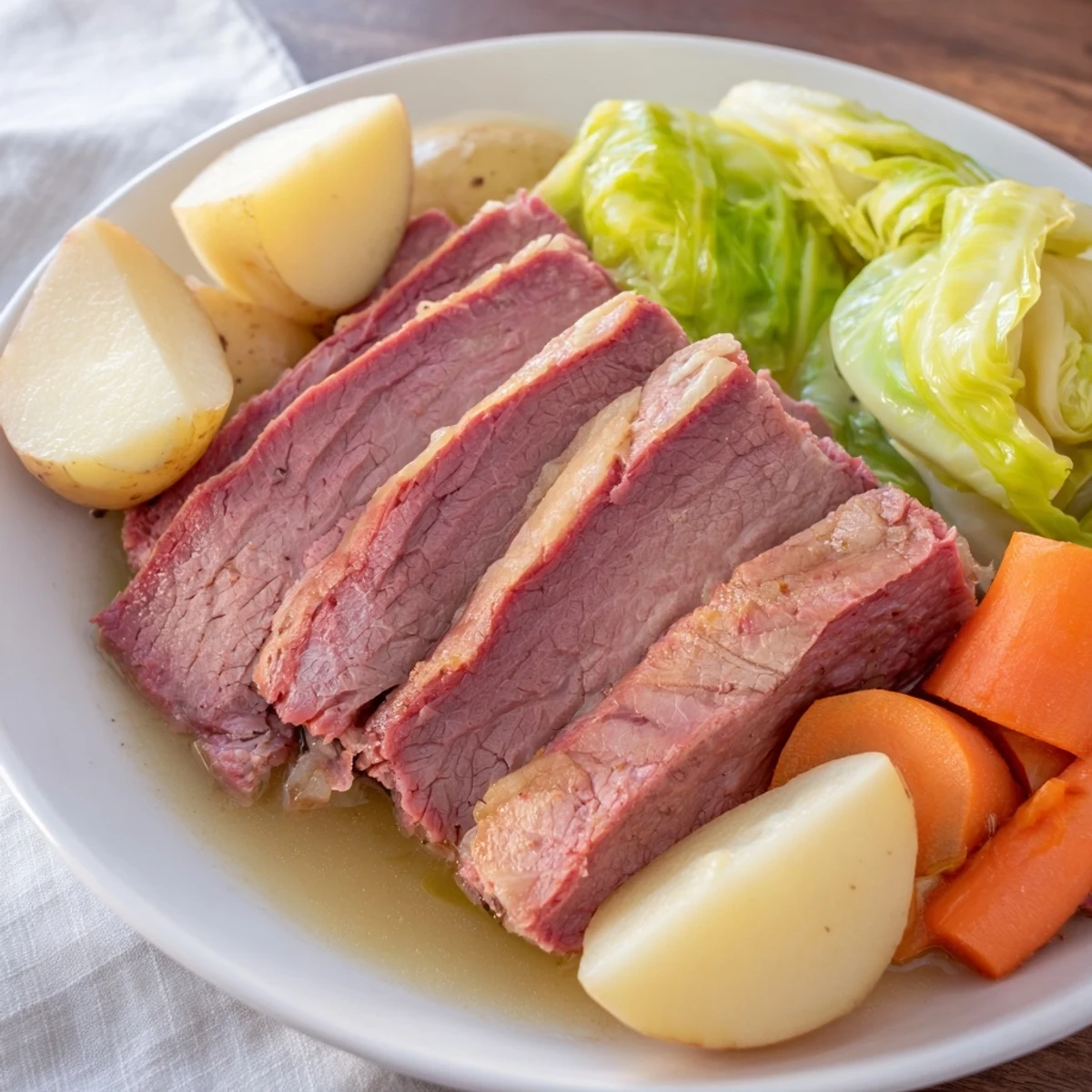 Hearty corned beef brisket with cabbage and potatoes, served on a rustic platter, ready for a family meal.