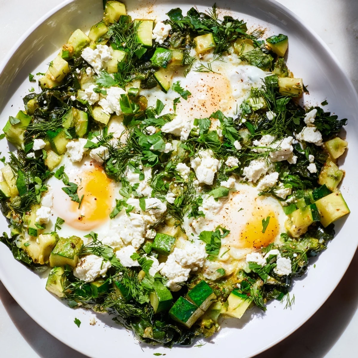 Vibrant green shakshuka with spinach, kale, and creamy feta in a skillet, topped with poached eggs.