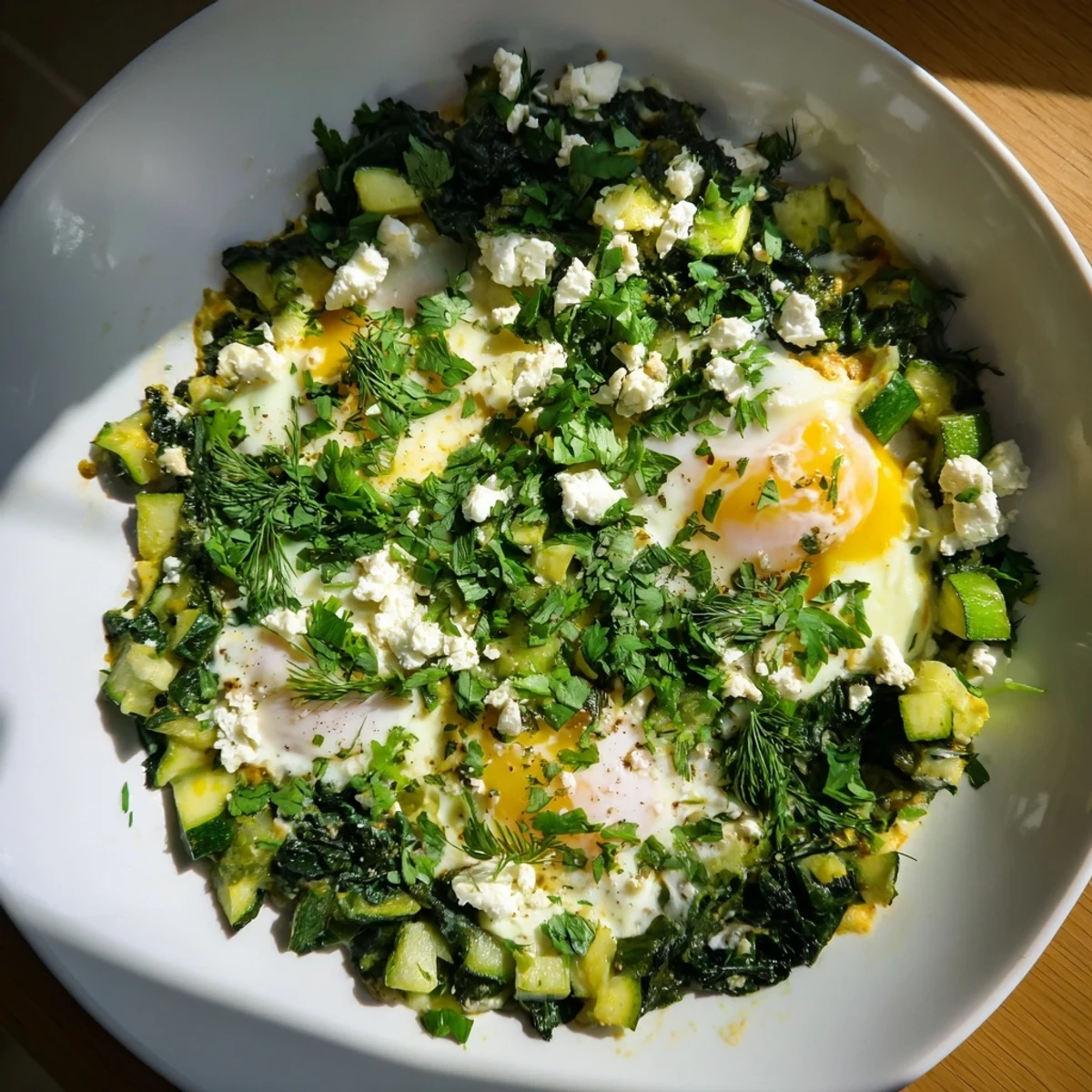 A close-up of green shakshuka with spinach, kale, and poached eggs, garnished with fresh herbs and feta.