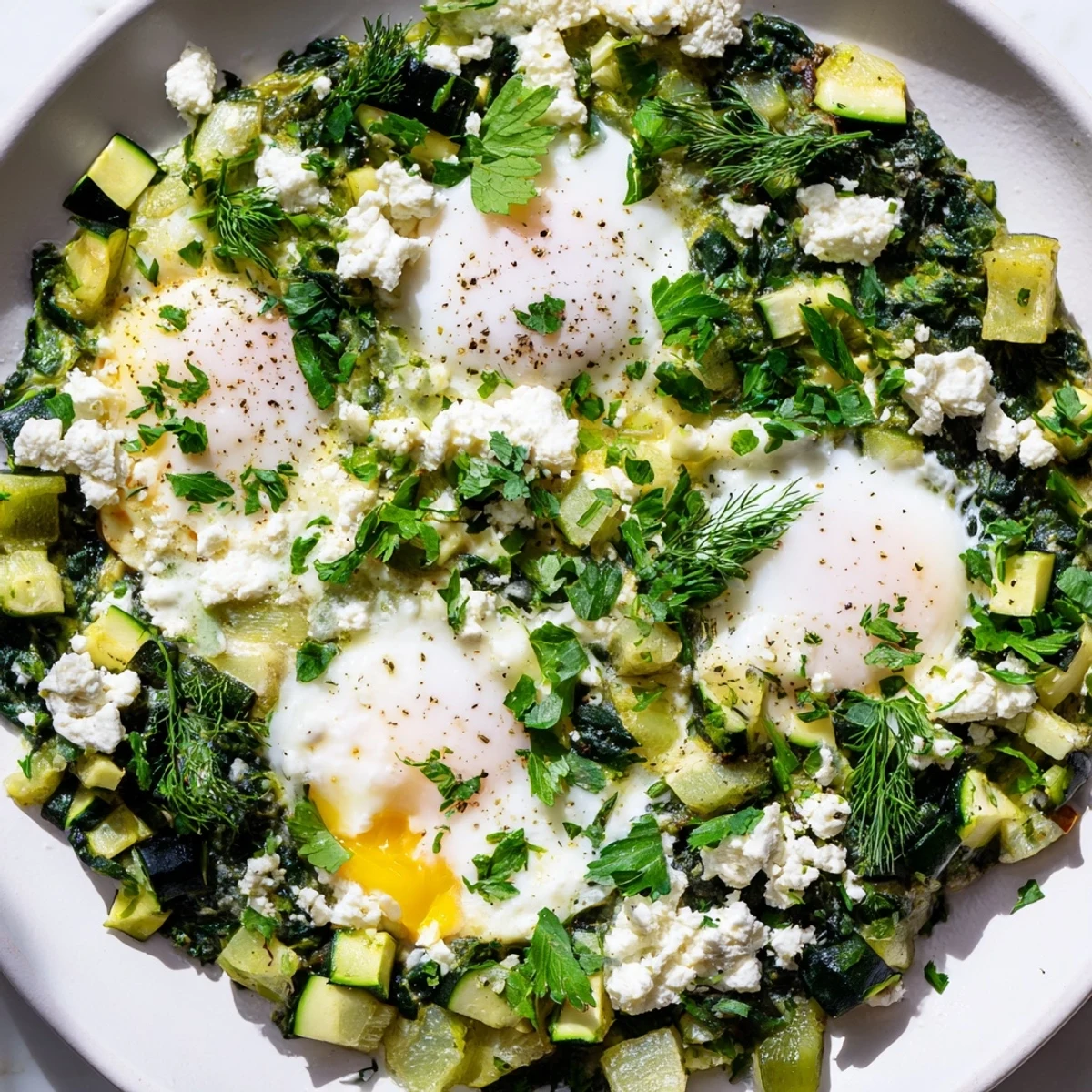 Green shakshuka in a skillet with spinach, feta, and herbs, served alongside warm toasted bread.