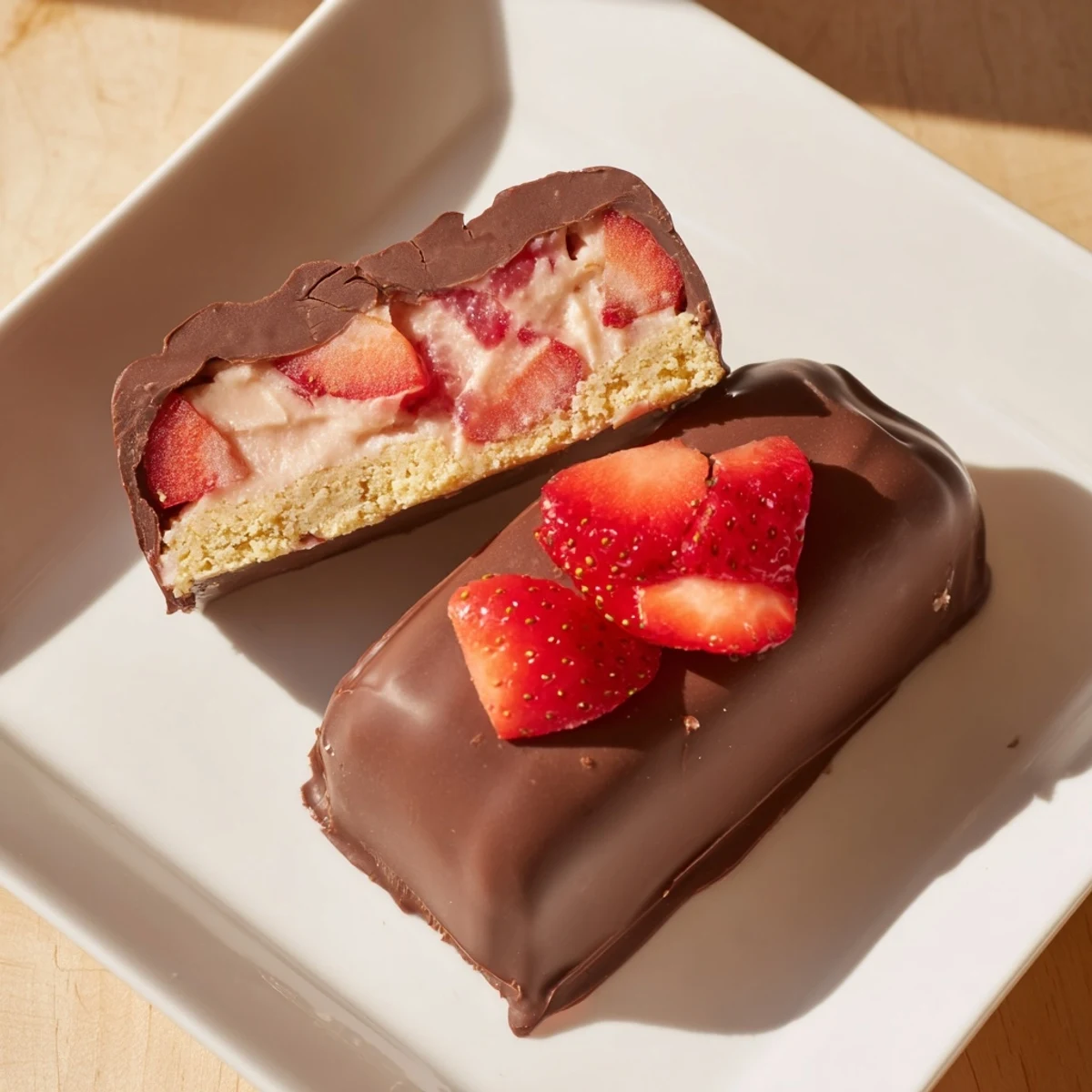 Frosted chocolate covered strawberry cheesecake bars sit on a white plate with fresh berries.  