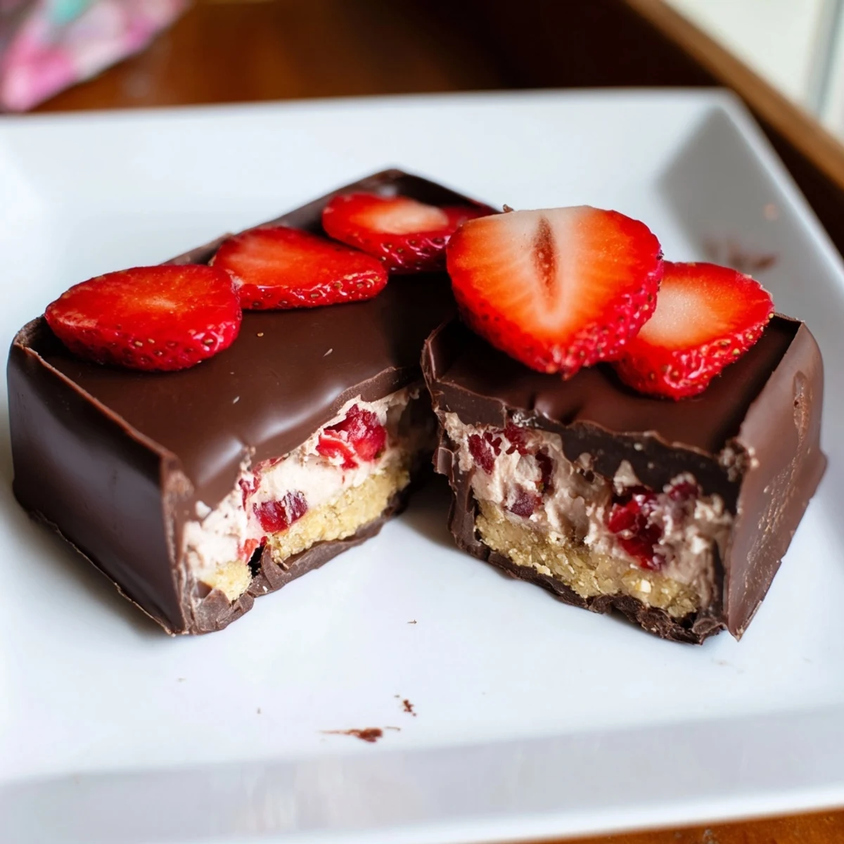 A slice of chocolate covered strawberry cheesecake bars shows creamy filling and a graham crust.  