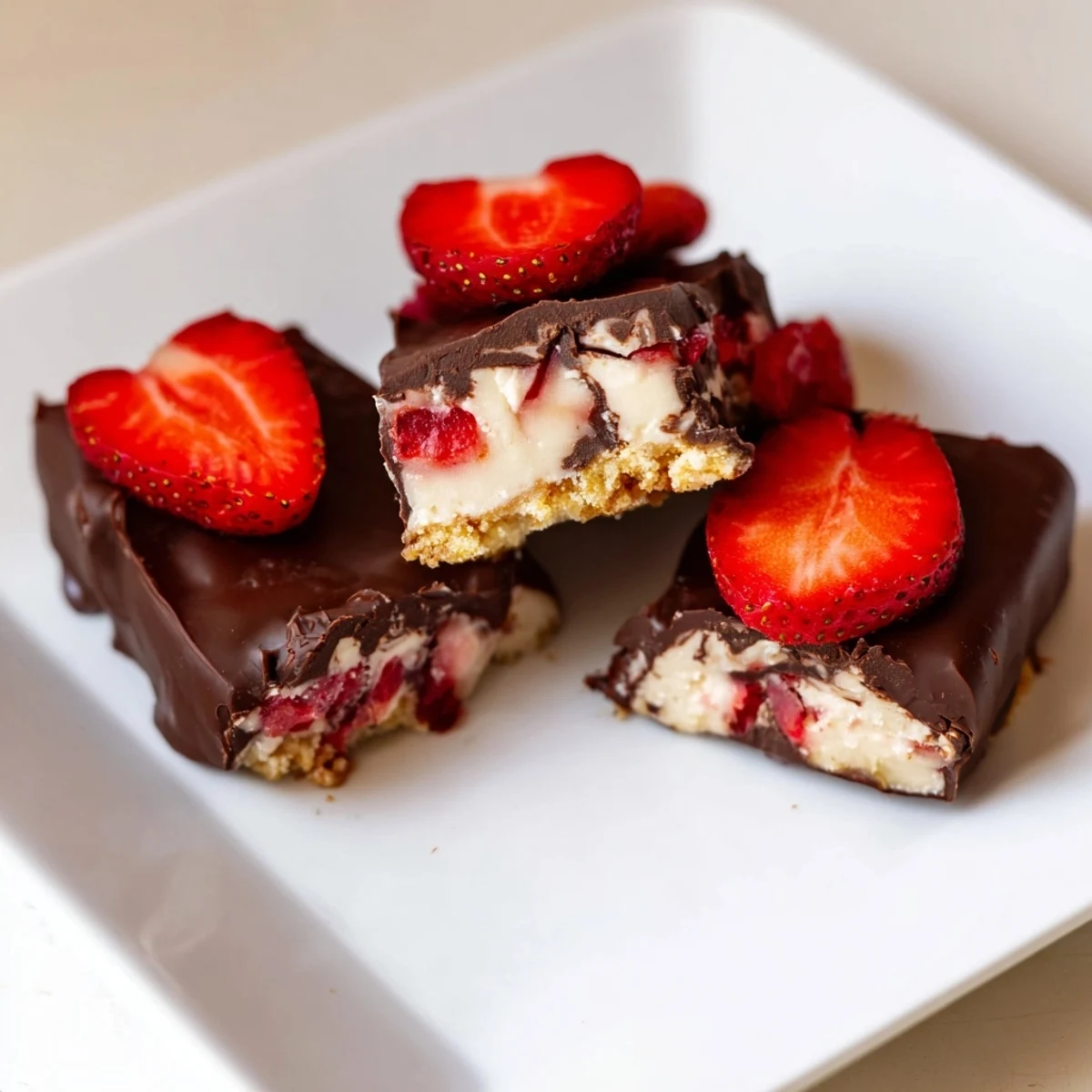 Chocolate covered strawberry cheesecake bars with chocolate drizzle, fresh strawberry halves, and crumbs.